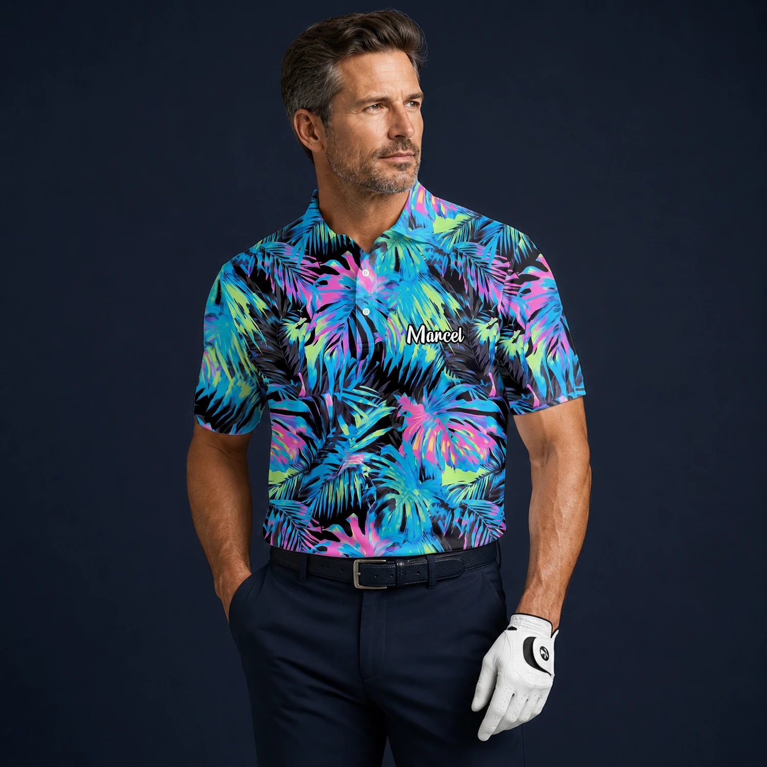 Personalised Black Neon Tropical Leaf Golf Polo Shirt For Men D2207