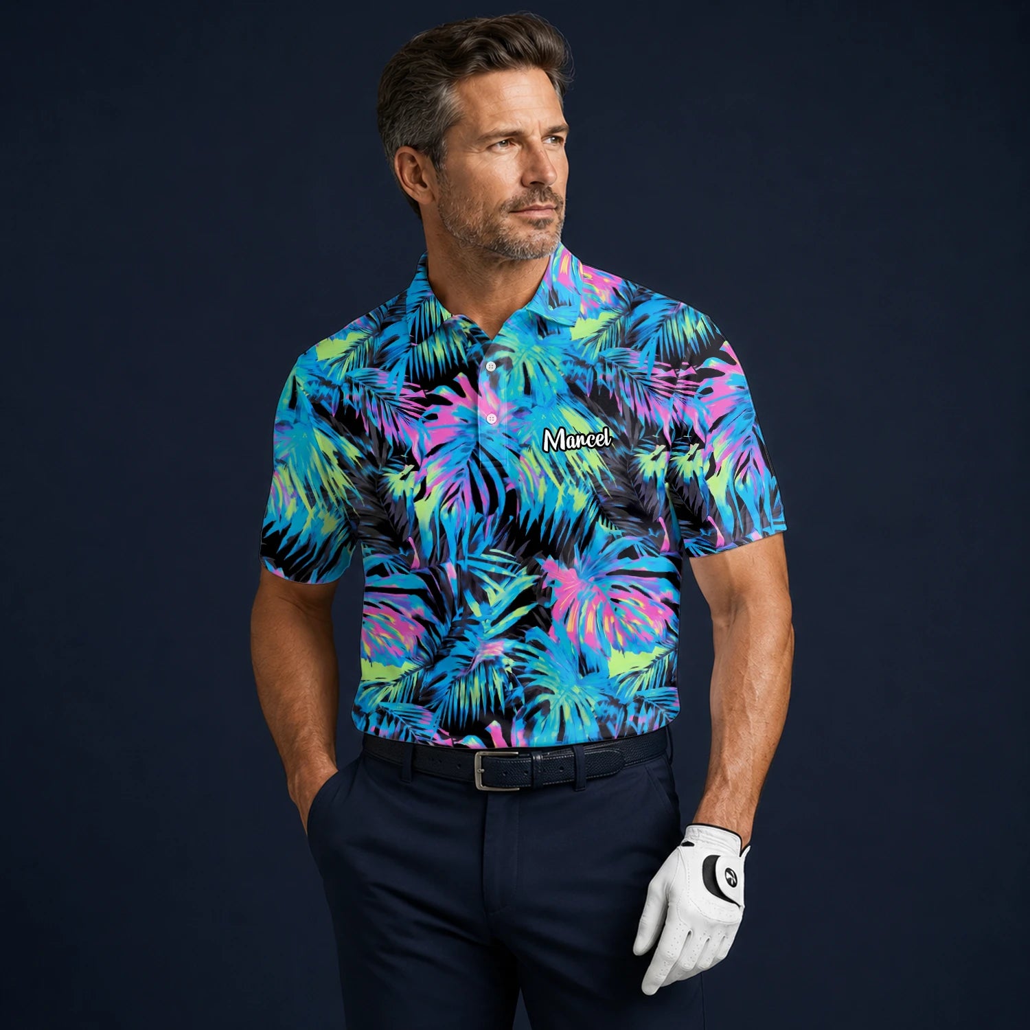 Personalised Black Neon Tropical Leaf Golf Polo Shirt For Men D2207