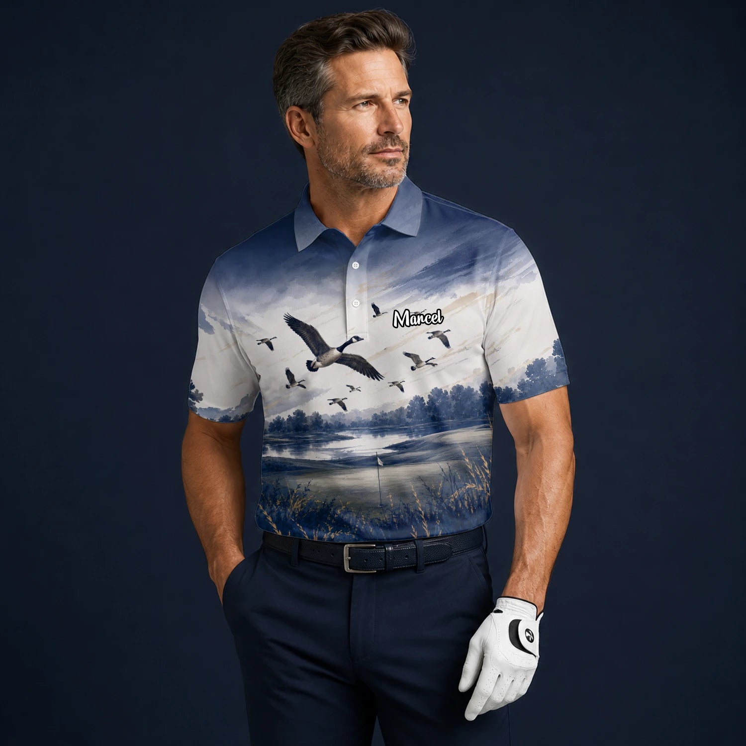Personalised Dark Navy Watercolour Canada Geese Golf Polo Shirt For Men L8594