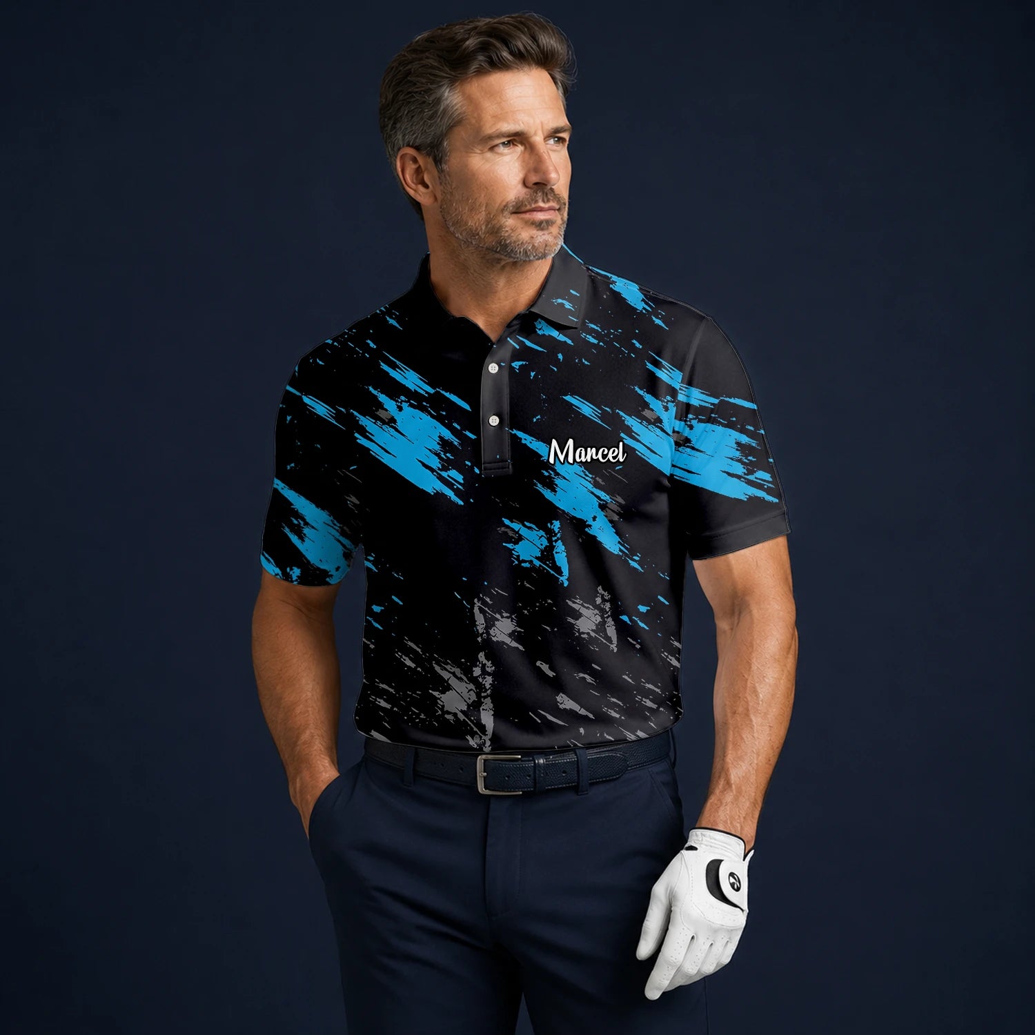 Personalised Black Blue Brush Stroke Golf Polo Shirt For Men H3779