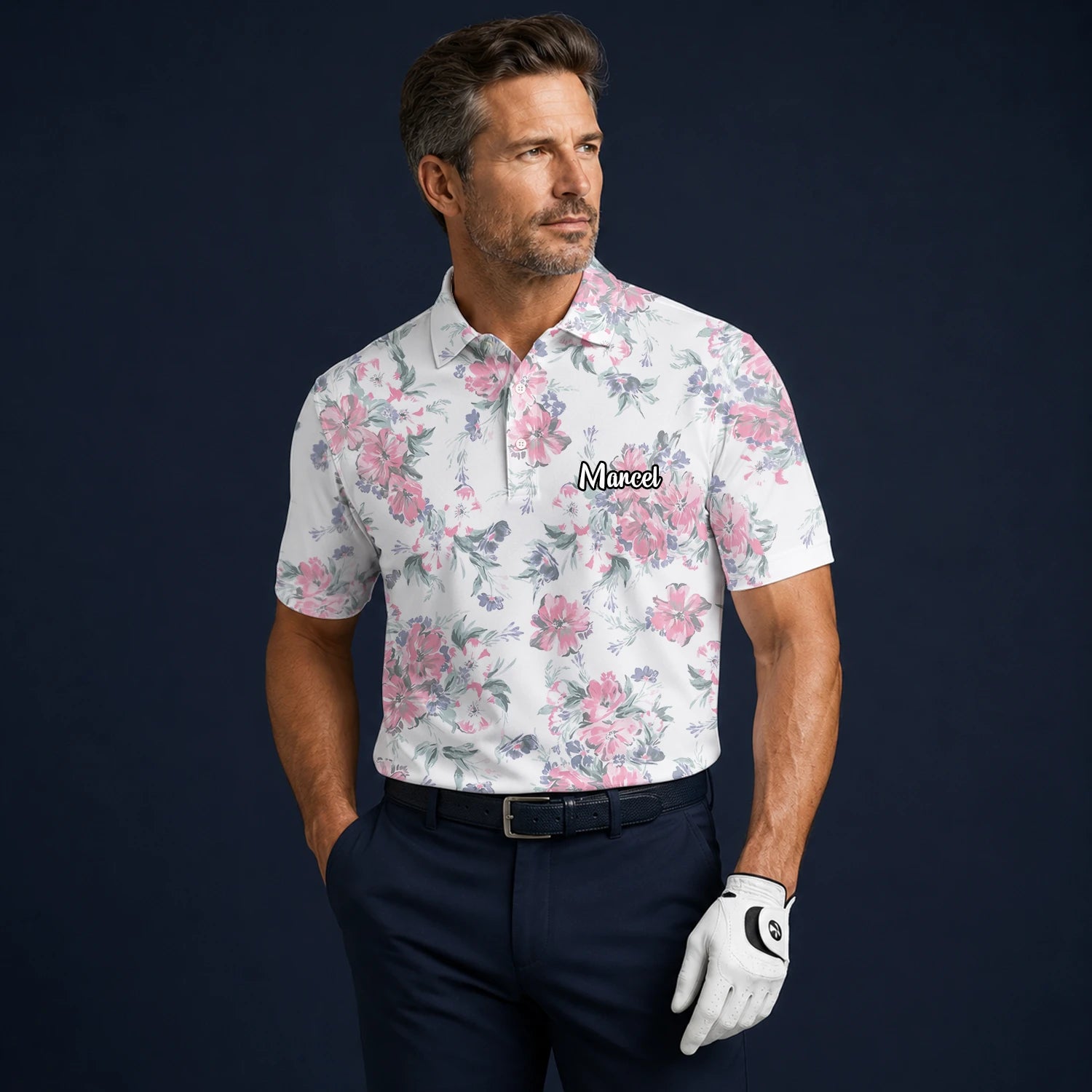 Personalised White Pink Floral Leaf Golf Polo Shirt For Men H5152
