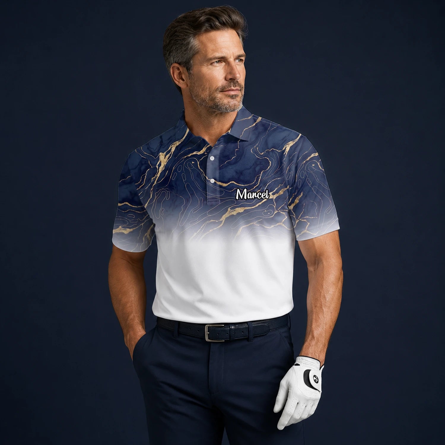 Personalised Navy White Marble Gold Vein Golf Polo Shirt For Men U5613