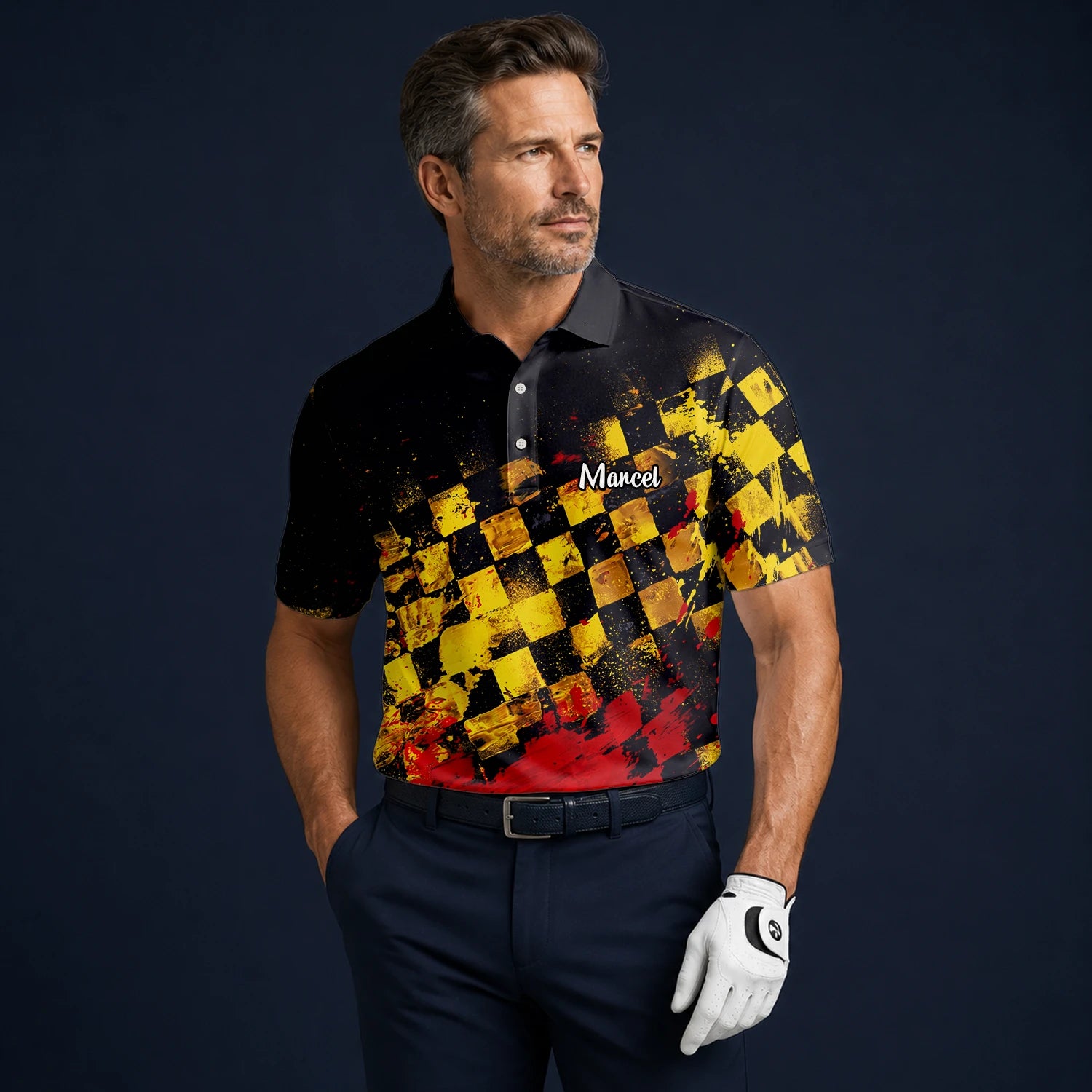 Personalised Black Yellow Red Grunge Checkerboard Golf Polo Shirt For Men R0396