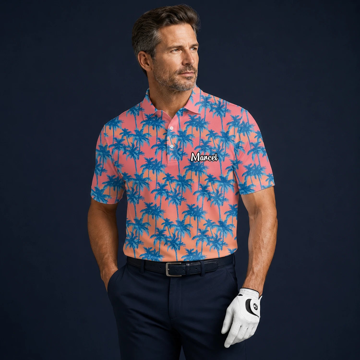 Personalised Coral Pink Blue Palm Tree Golf Polo Shirt For Men A5845