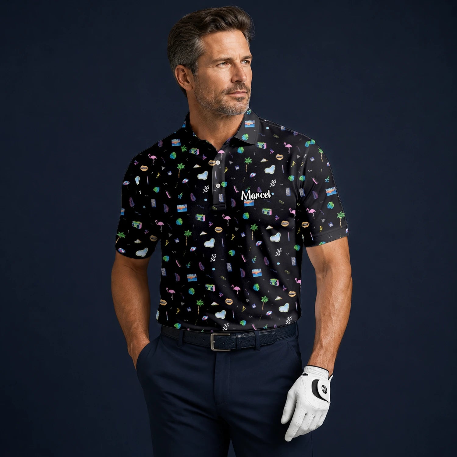 Personalised Black Holiday Travel Doodle Golf Polo Shirt For Men V7883