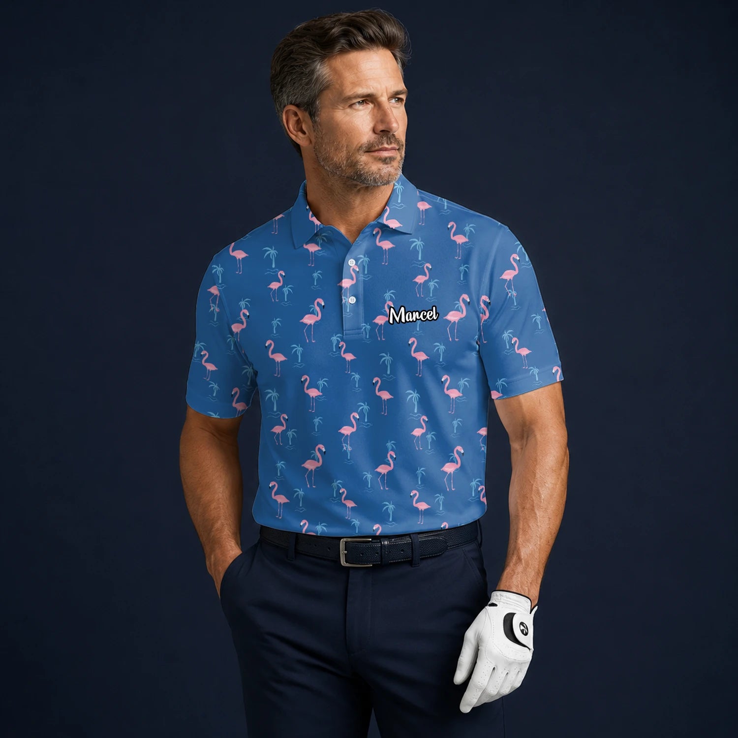 Personalised Blue Pink Flamingo Palm Golf Polo Shirt For Men C8068