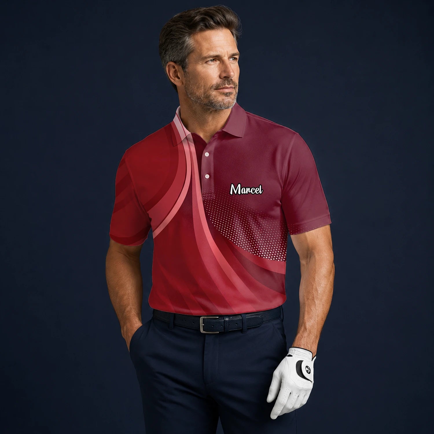 Personalised Burgundy Red Abstract Wave Golf Polo Shirt For Men B4612
