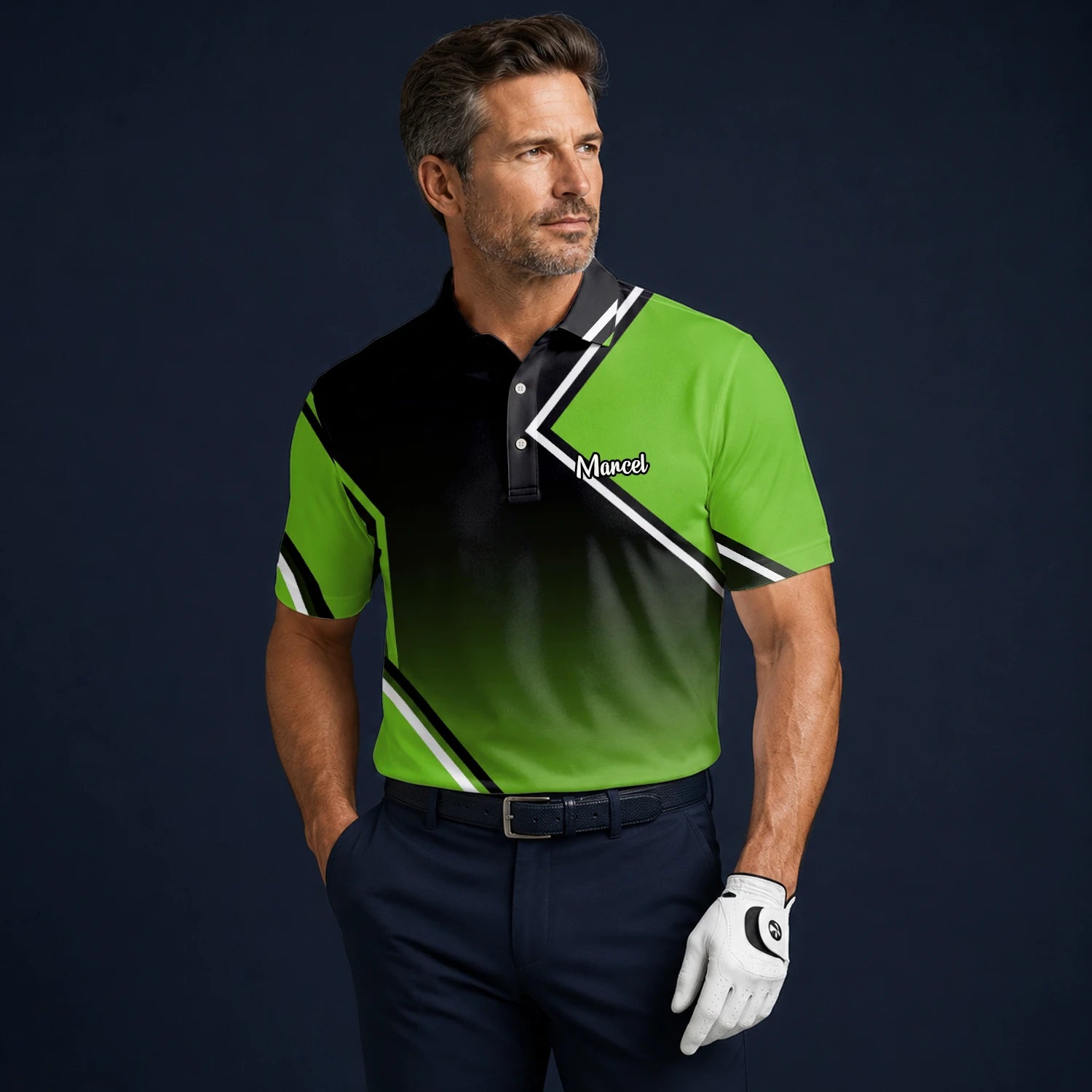 Personalised Black Green Geometric Stripe Golf Polo Shirt For Men V2638