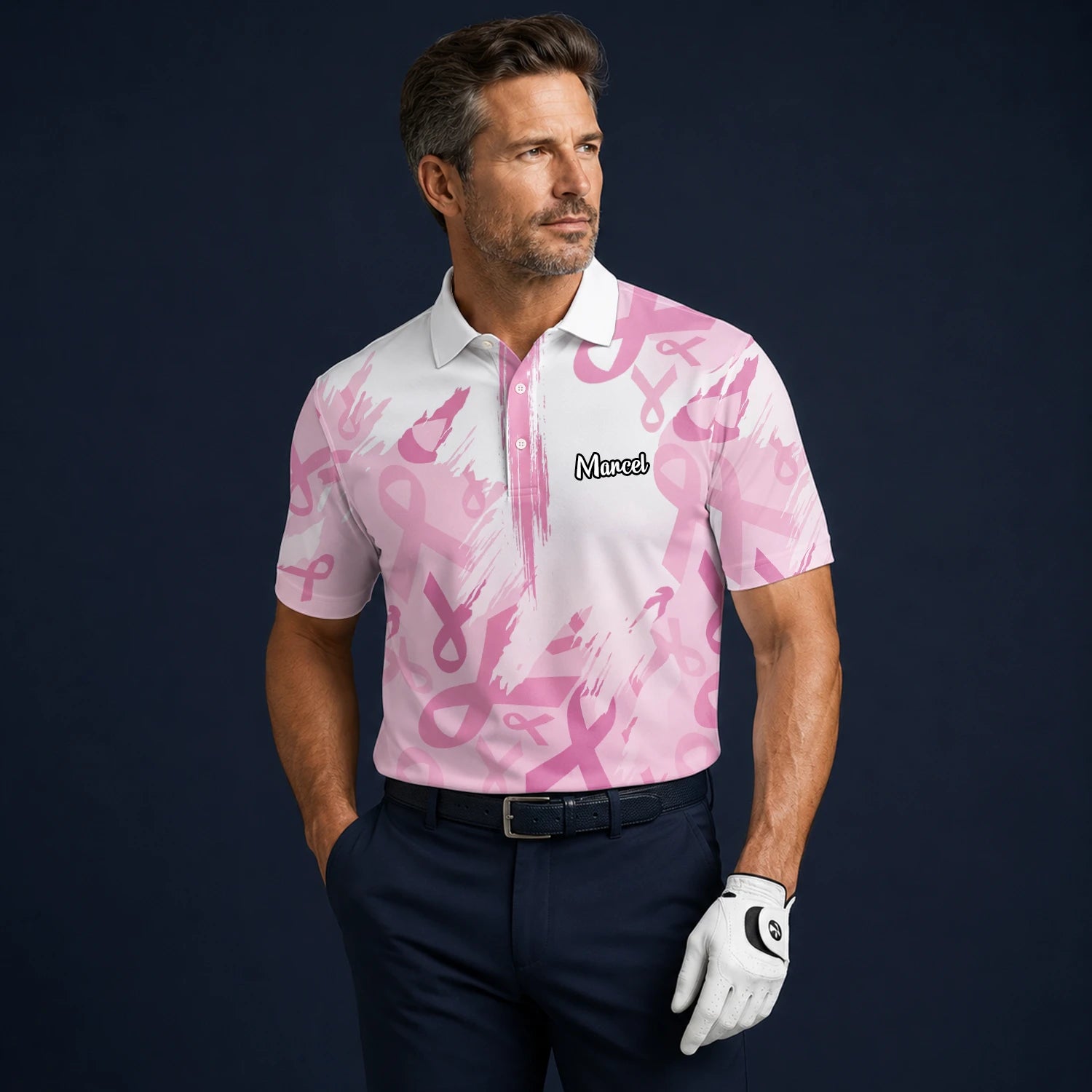 Personalised White Pink Breast Cancer Awareness Ribbon Brush Stroke Golf Polo Shirt For Men U4702