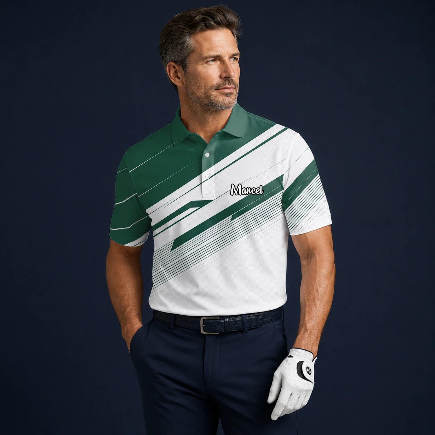 Personalised Green White Abstract Stripe Golf Polo Shirt For Men E5041