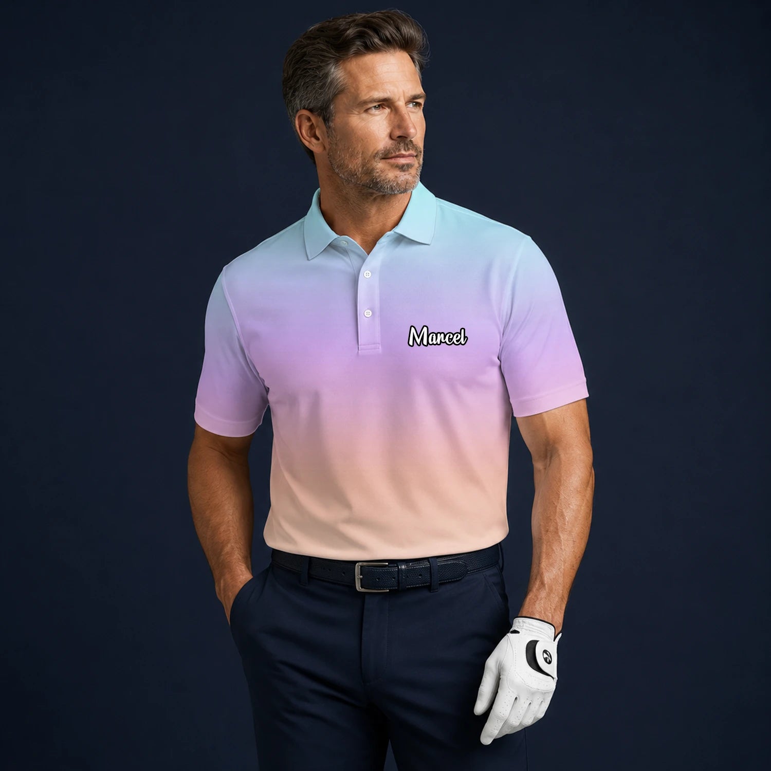 Personalised Pastel Rainbow Gradient Golf Polo Shirt For Men R9936