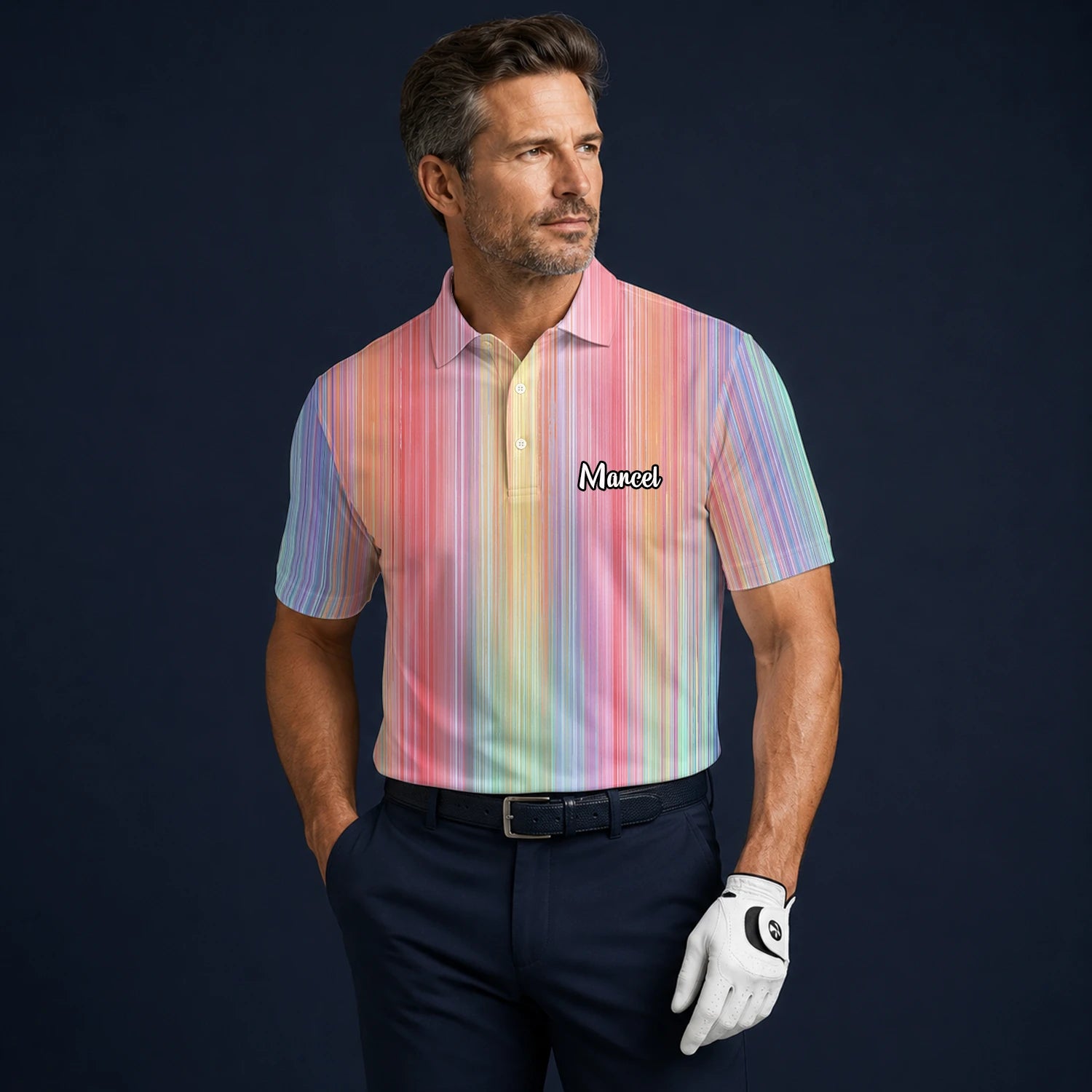 Personalised Pastel Rainbow Stripe Golf Polo Shirt For Men C5307