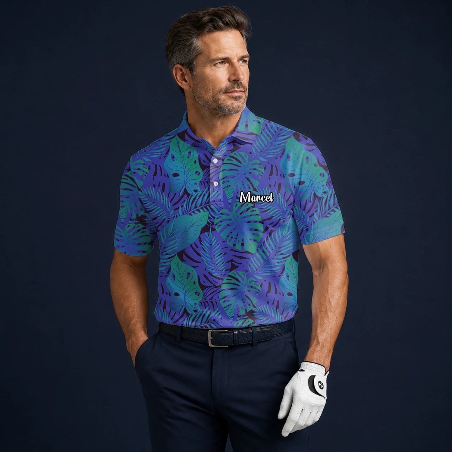 Personalised Blue Purple Tropical Monstera Leaf Golf Polo Shirt For Men G3142