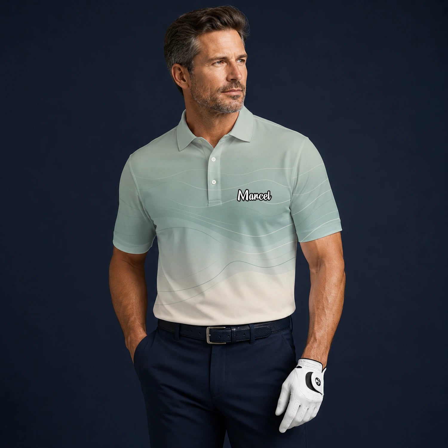 Personalised Sage Green Beige Abstract Wave Golf Polo Shirt For Men X8036