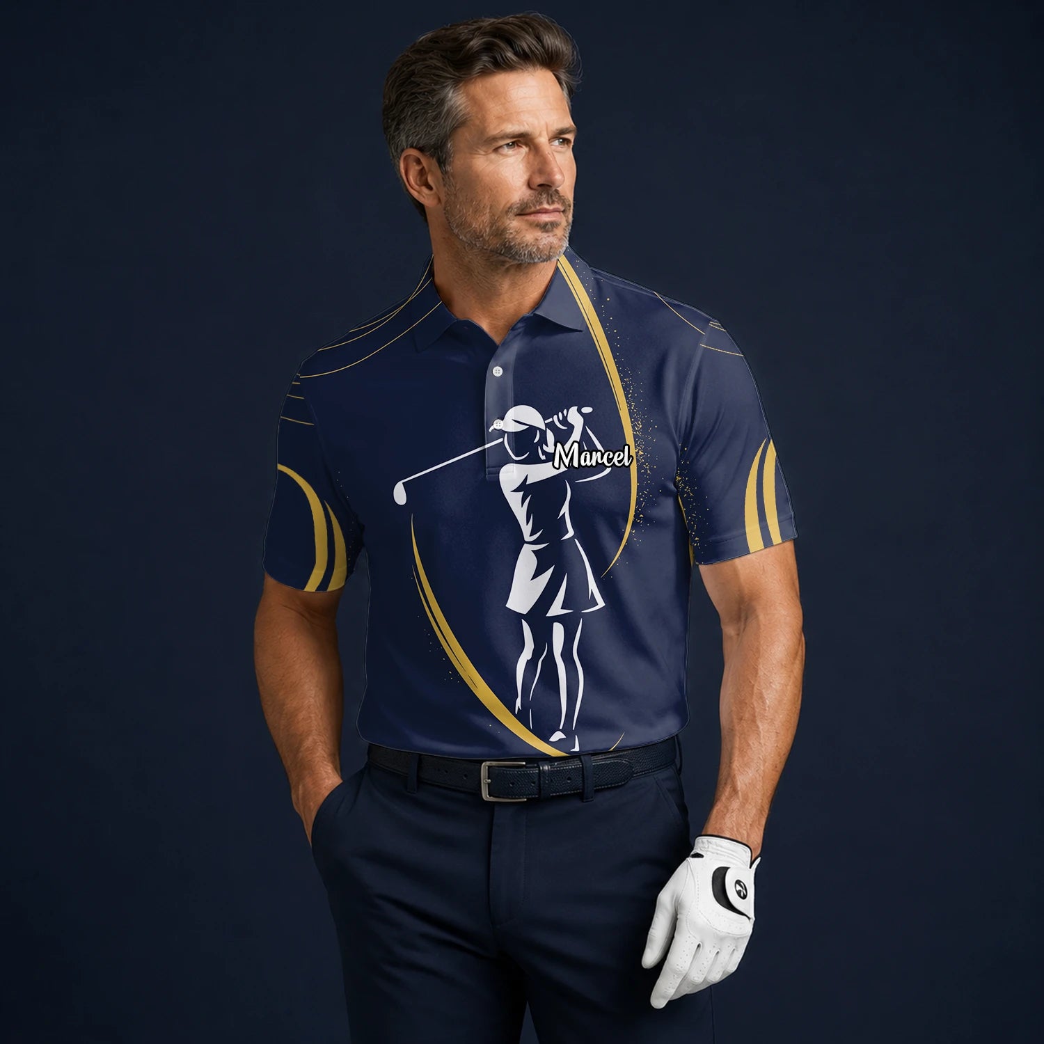 Personalised Navy Gold Golfer Silhouette Golf Polo Shirt For Men K0906