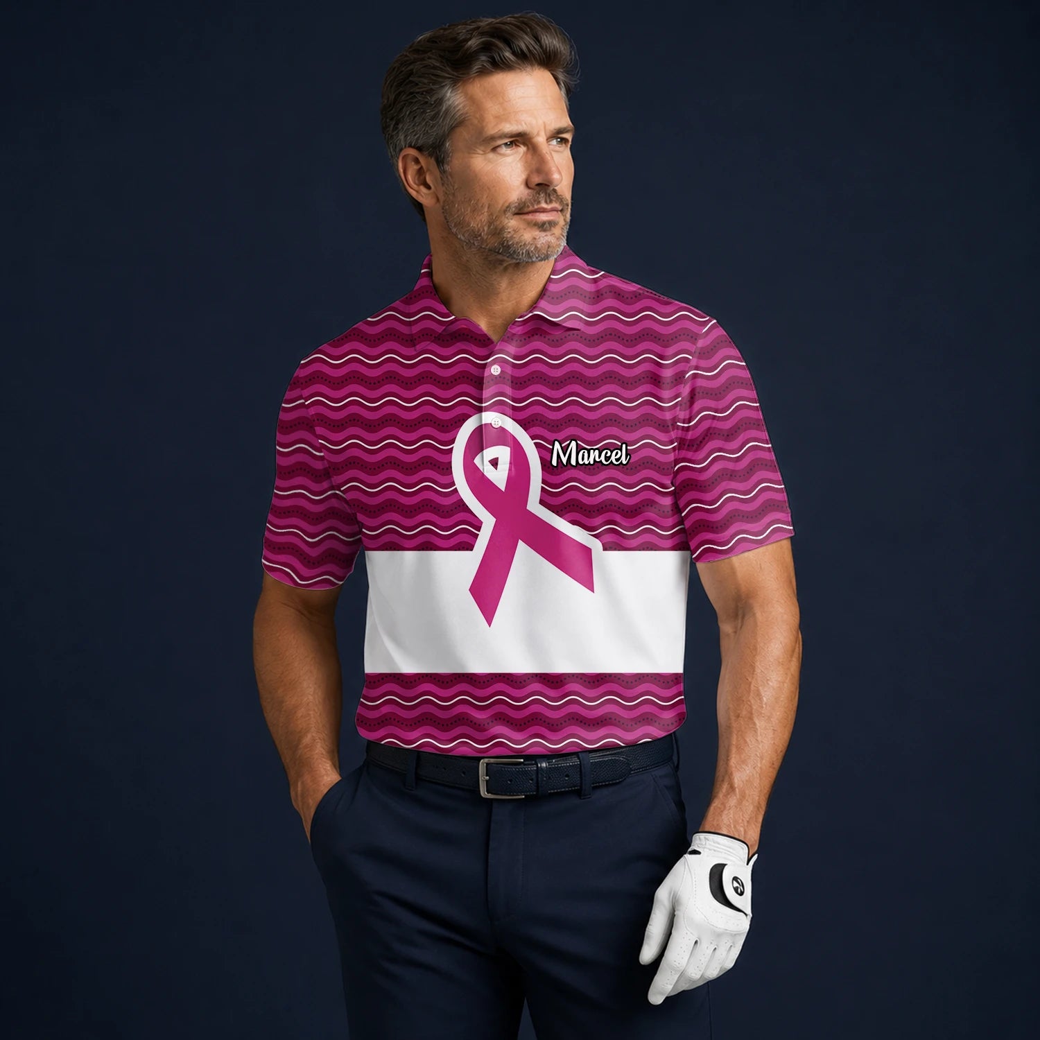 Personalised Pink Breast Cancer Awareness Ribbon Wave Golf Polo Shirt For Men B1640