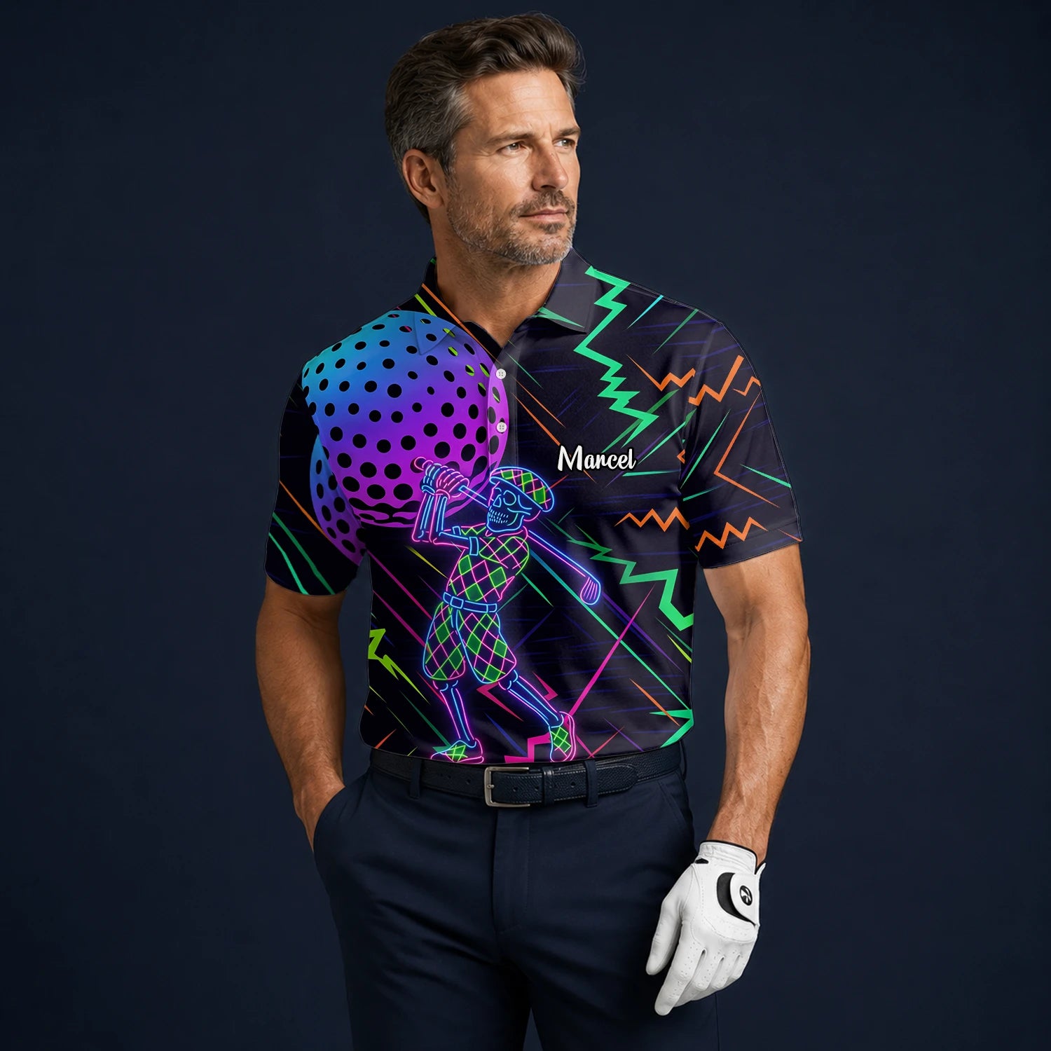 Personalised Black Neon Golfer Wireframe Golf Polo Shirt For Men L1481