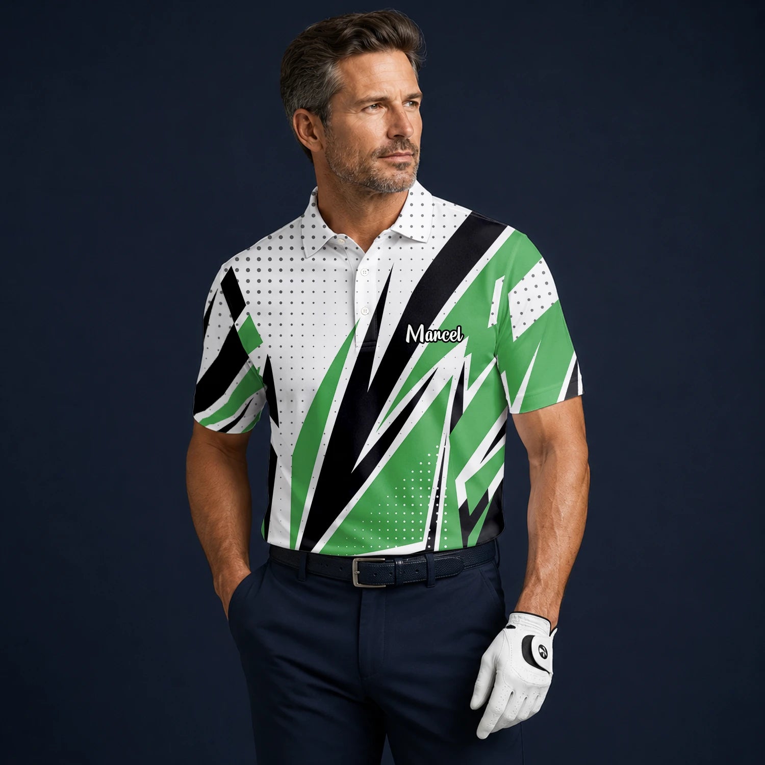 Personalised White Green Black Abstract Stripe Golf Polo Shirt For Men C9494