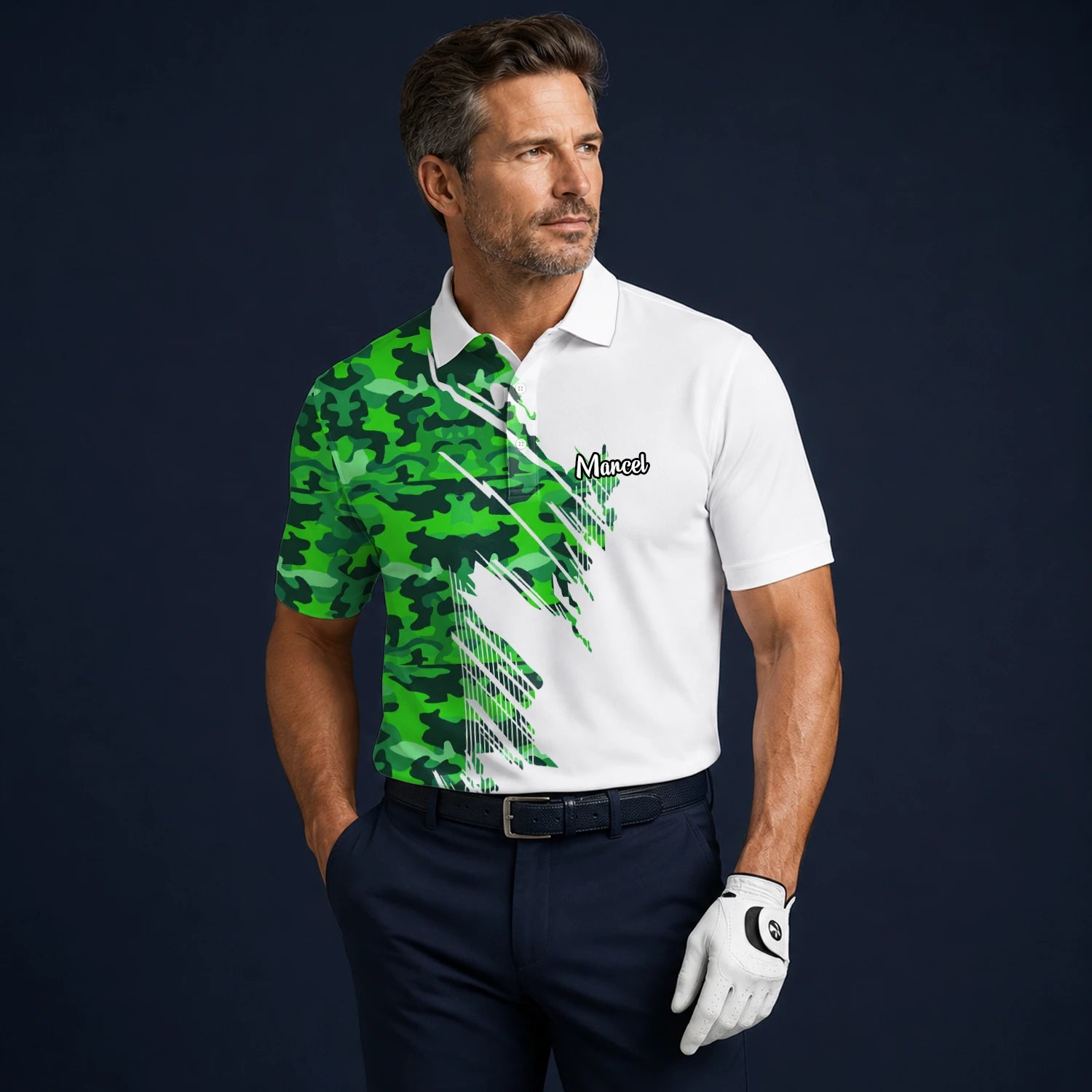 Personalised White Green Camo Brush Stripe Golf Polo Shirt For Men E9788