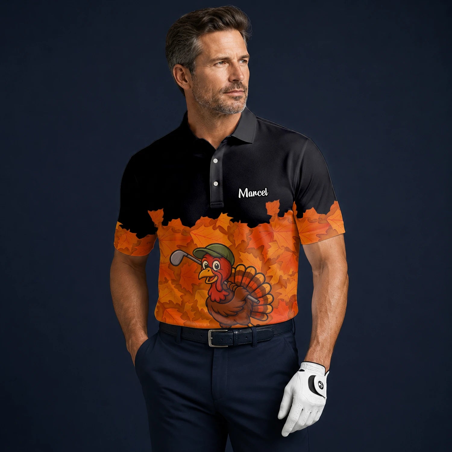 Personalised Black Orange Thanksgiving Turkey Golfer Golf Polo Shirt For Men W0964