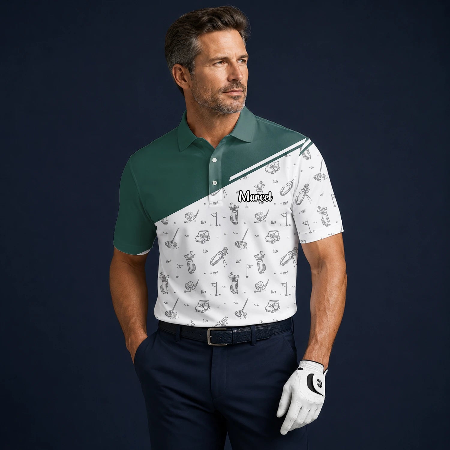 Personalised Green White Golf Club Sketch Golf Polo Shirt For Men L9936