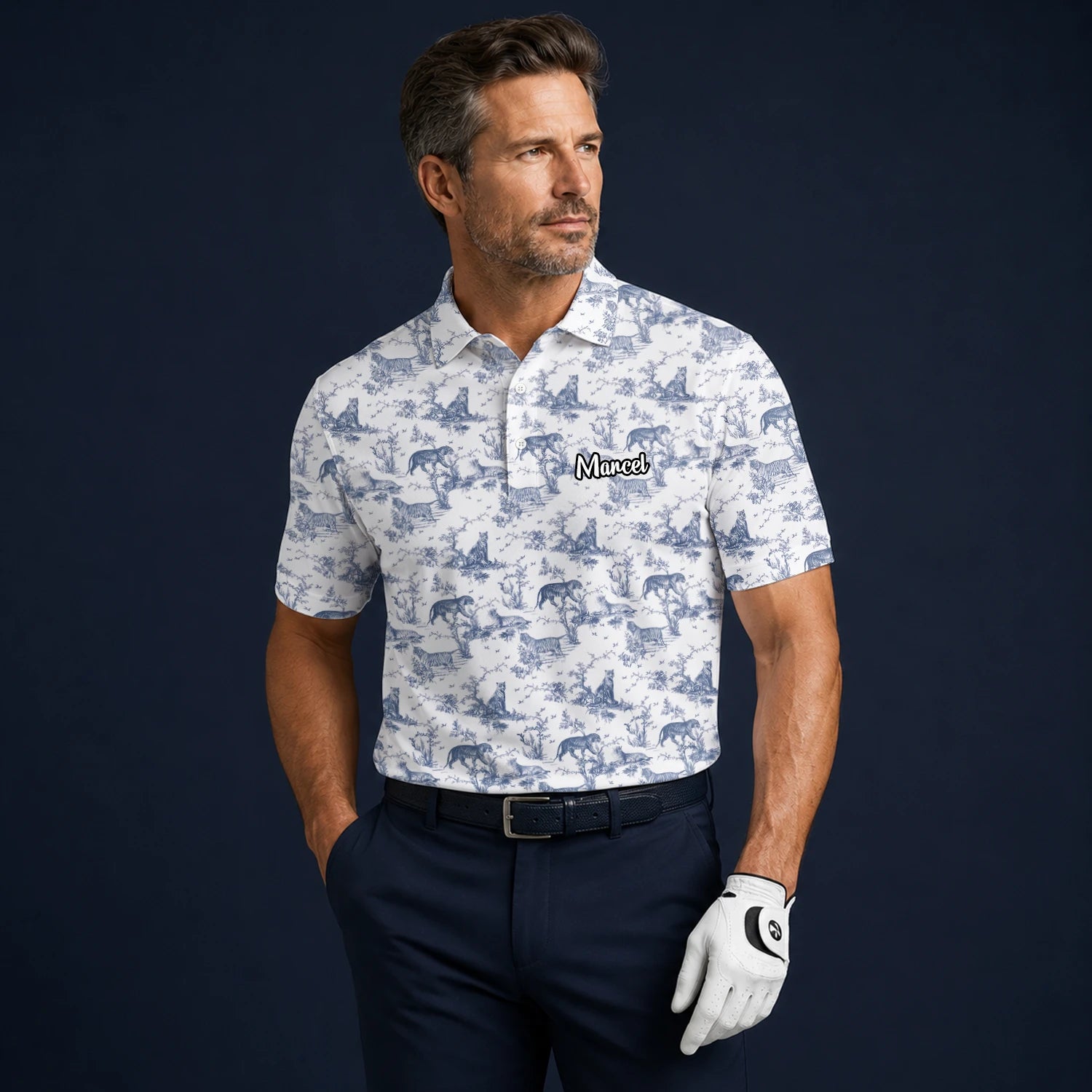 Personalised White Blue Dinosaur Toile Golf Polo Shirt For Men Q4771