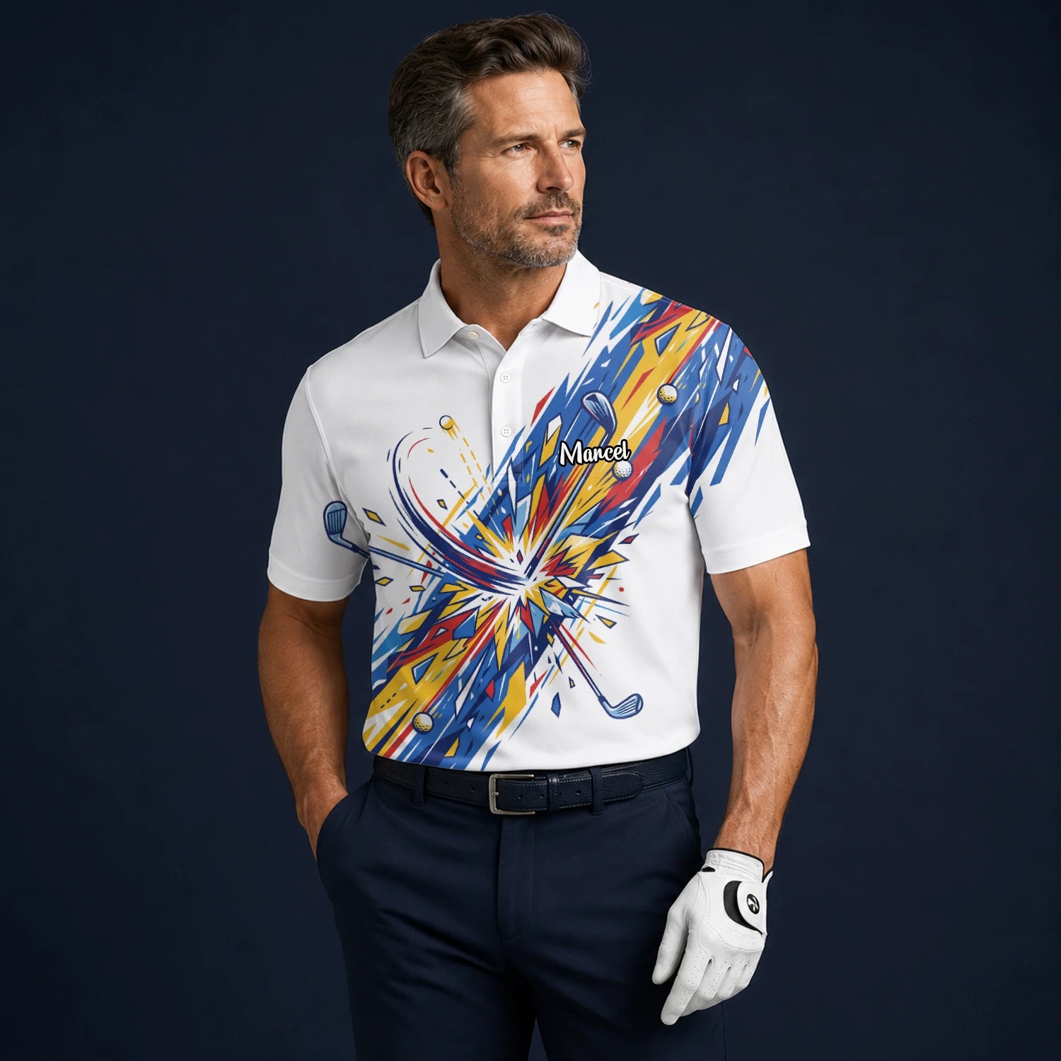 Personalised White Blue Abstract Golf Swing Burst Golf Polo Shirt For Men B2869