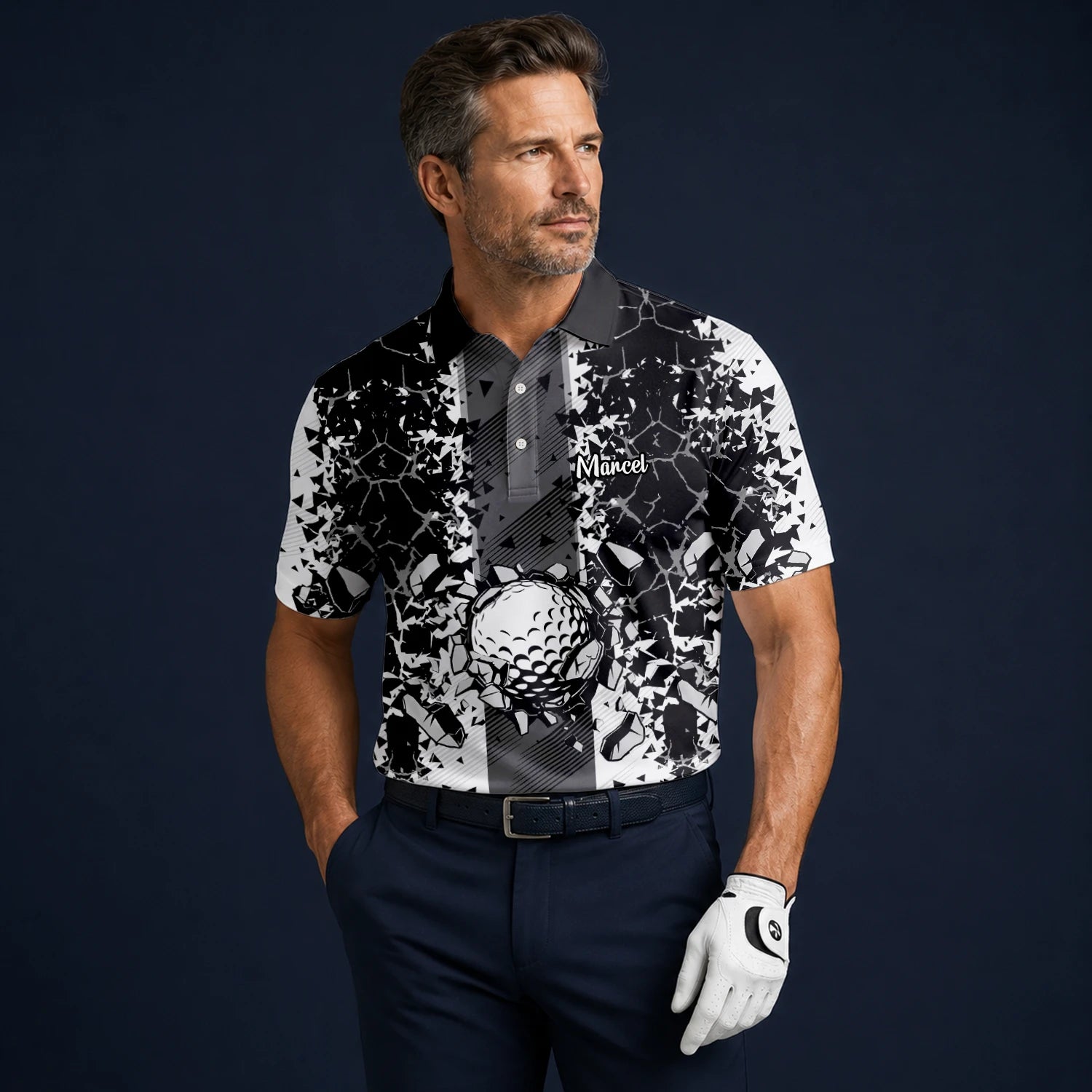Personalised Black White Golf Ball Shattered Glass Golf Polo Shirt For Men F6407