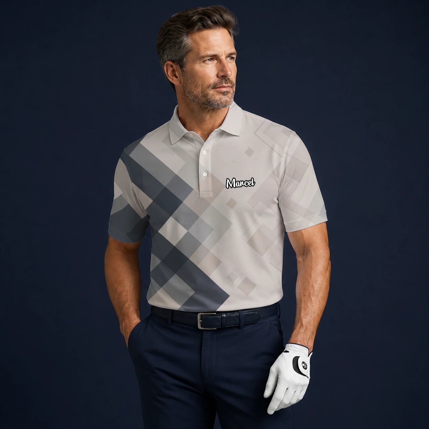 Personalised Beige Grey Argyle Golf Polo Shirt For Men Z6499