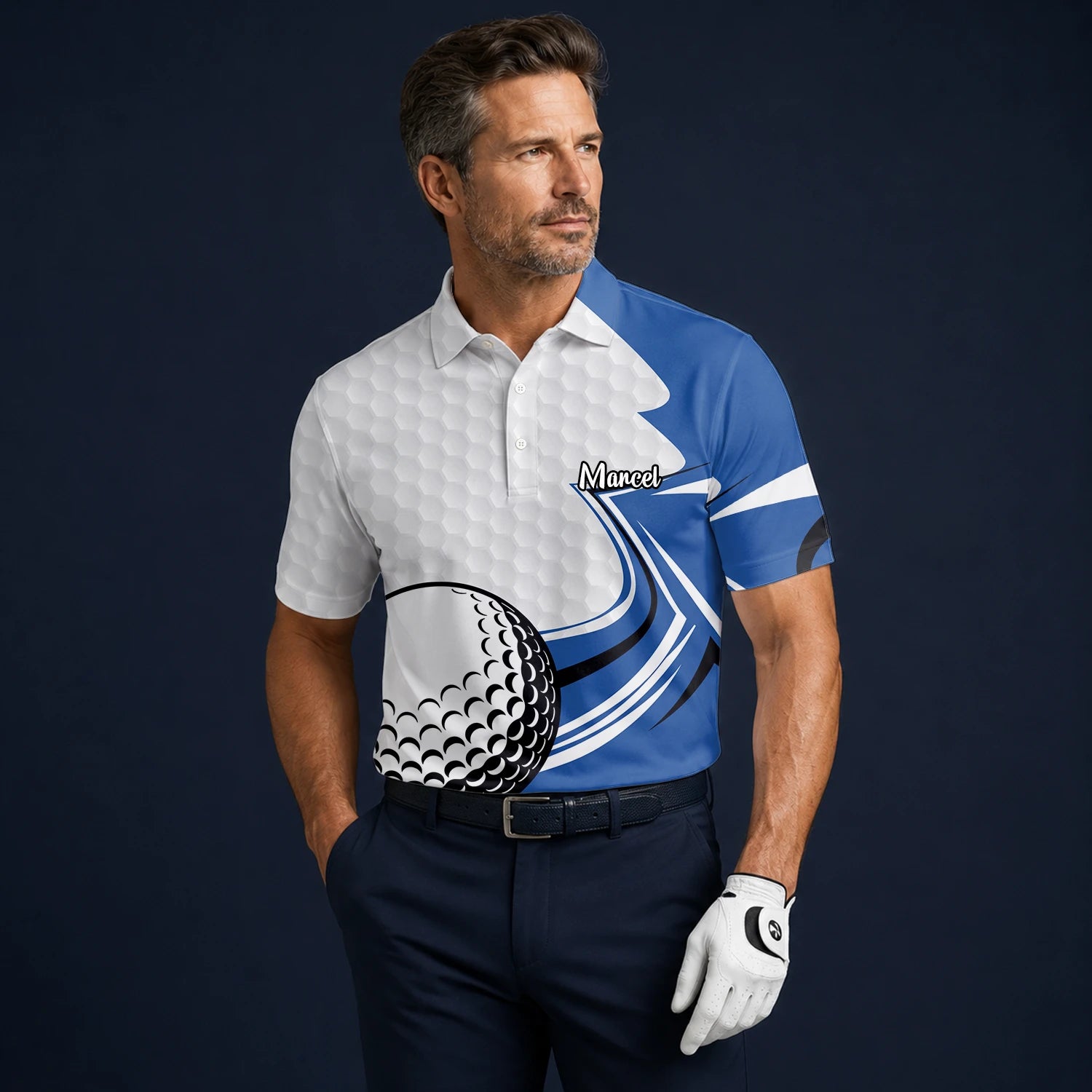 Personalised White Blue Golf Ball Hexagon Golf Polo Shirt For Men S7973