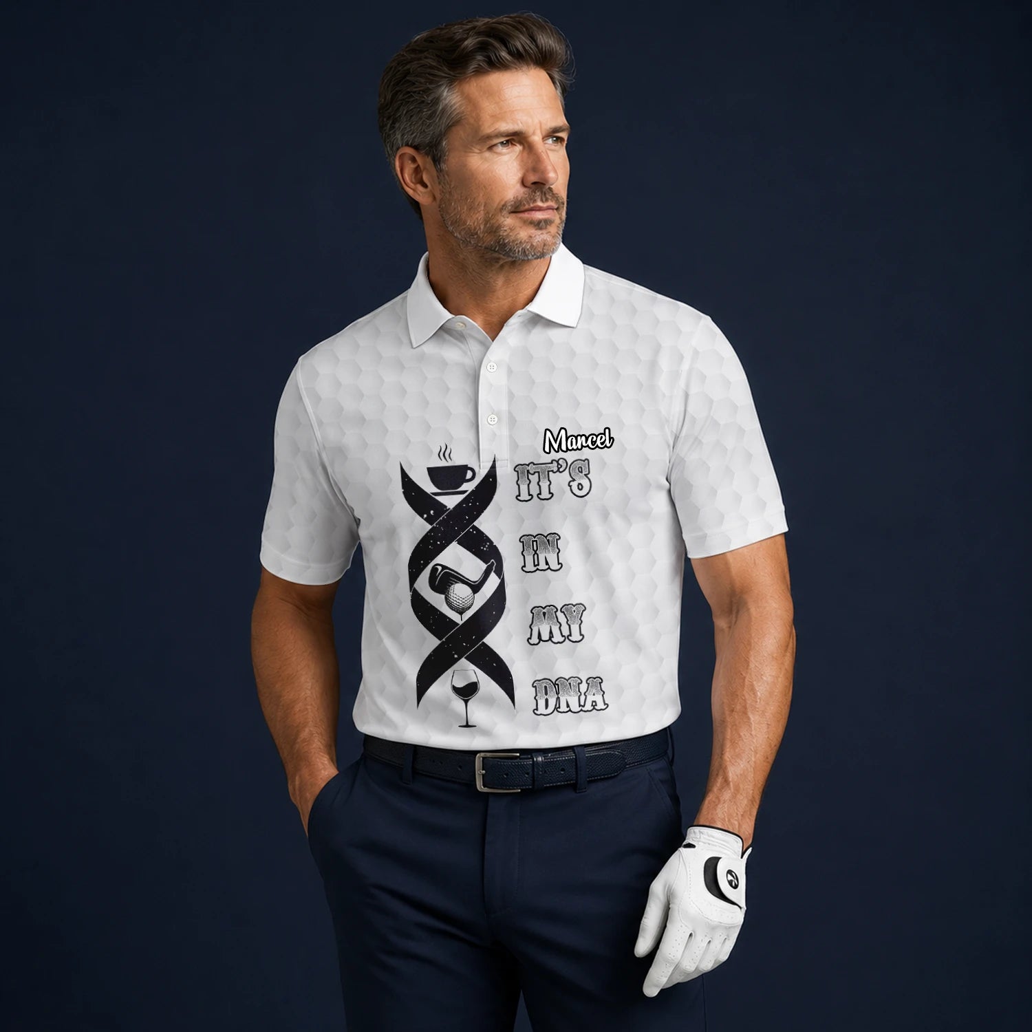 Personalised White Golf In My DNA Slogan Golf Polo Shirt For Men W3018