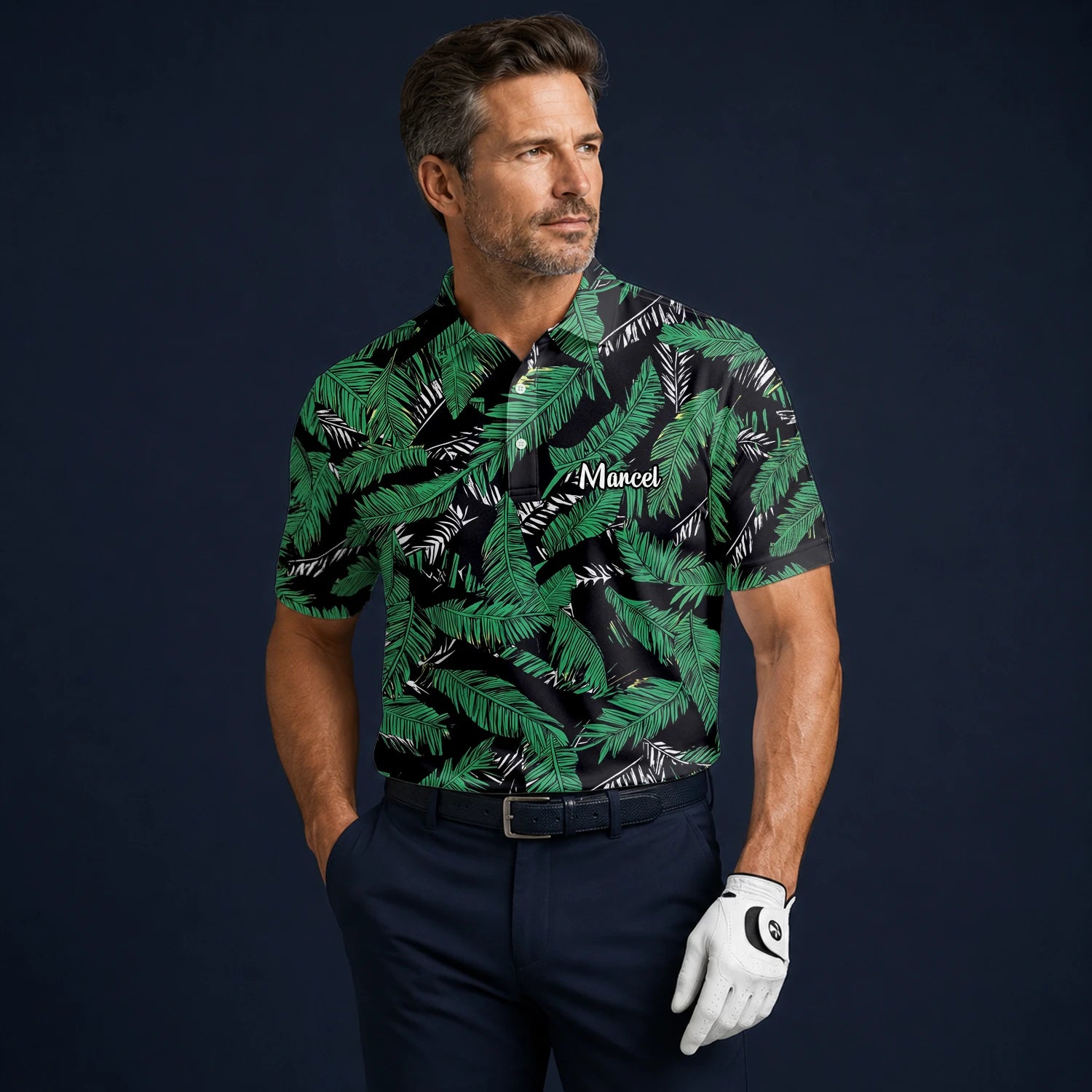 Personalised Black Green Tropical Banana Leaf Golf Polo Shirt For Men K8023