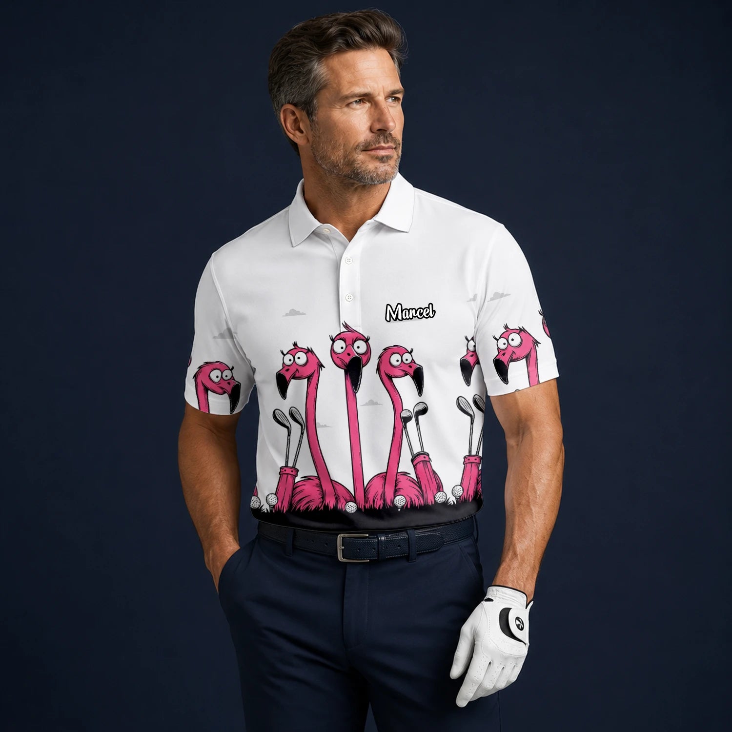 Personalised White Pink Flamingo Cartoon Golf Polo Shirt For Men I6113