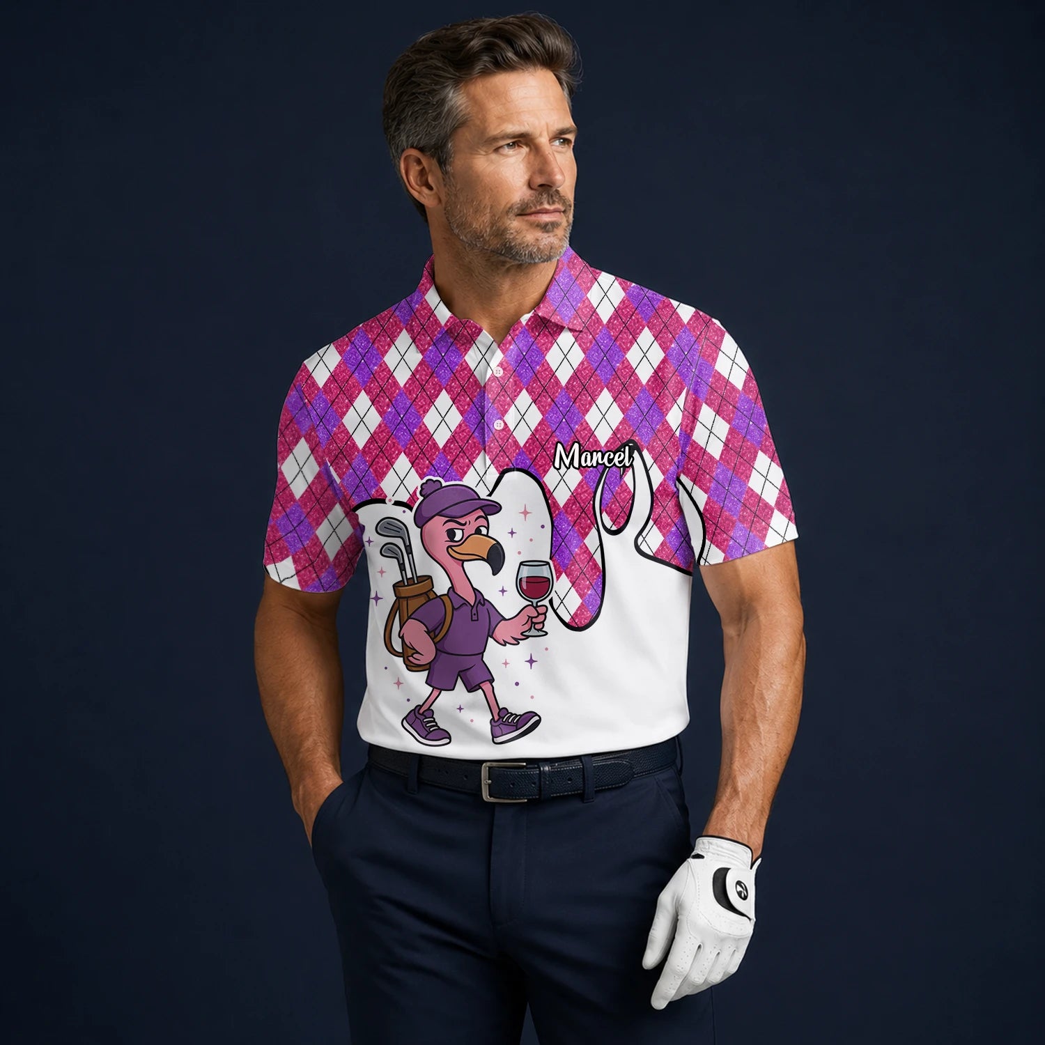 Personalised Pink Purple Argyle Ostrich Golfer Cartoon Golf Polo Shirt For Men D7000
