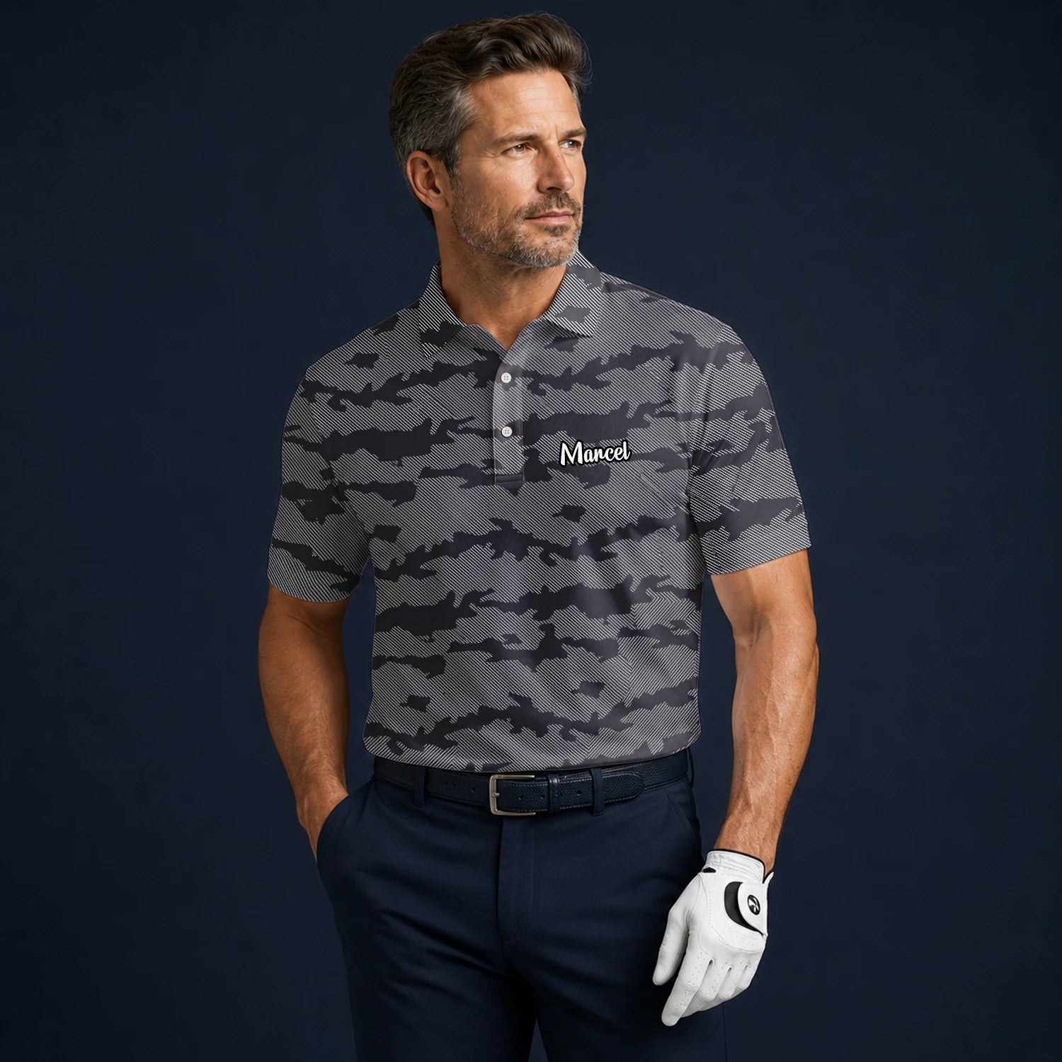 Personalised Grey Black Camo Golf Polo Shirt For Men R8701