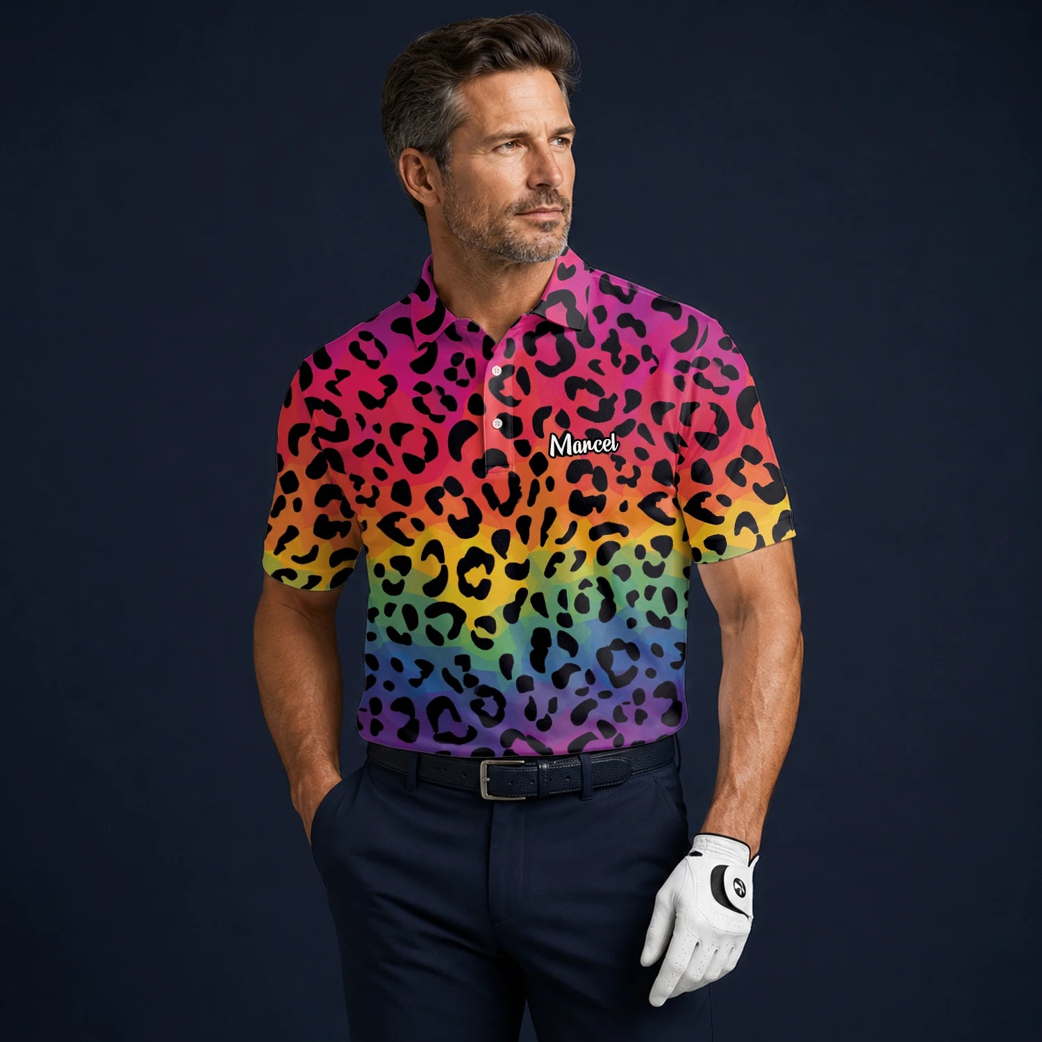 Personalised Rainbow Leopard Print Golf Polo Shirt For Men X1632
