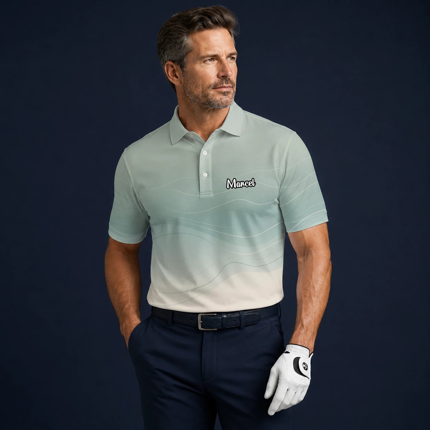 Personalised Sage Green Beige Abstract Wave Golf Polo Shirt For Men X8036