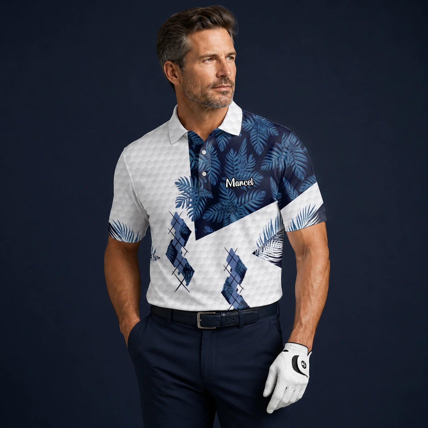 Personalised White Navy Tropical Leaf Argyle Golf Polo Shirt For Men D6549