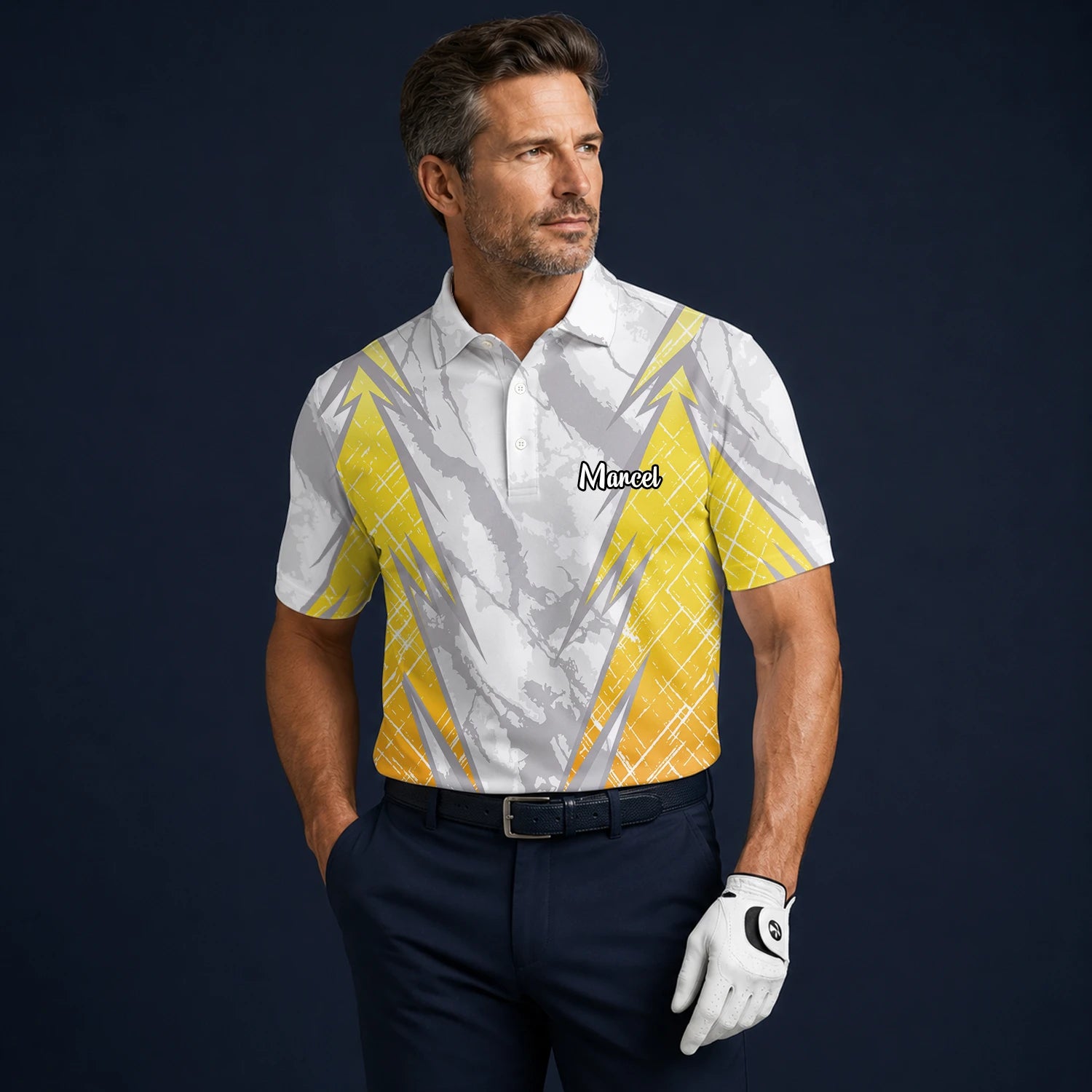 Personalised White Grey Yellow Marble Stripe Golf Polo Shirt For Men T6326