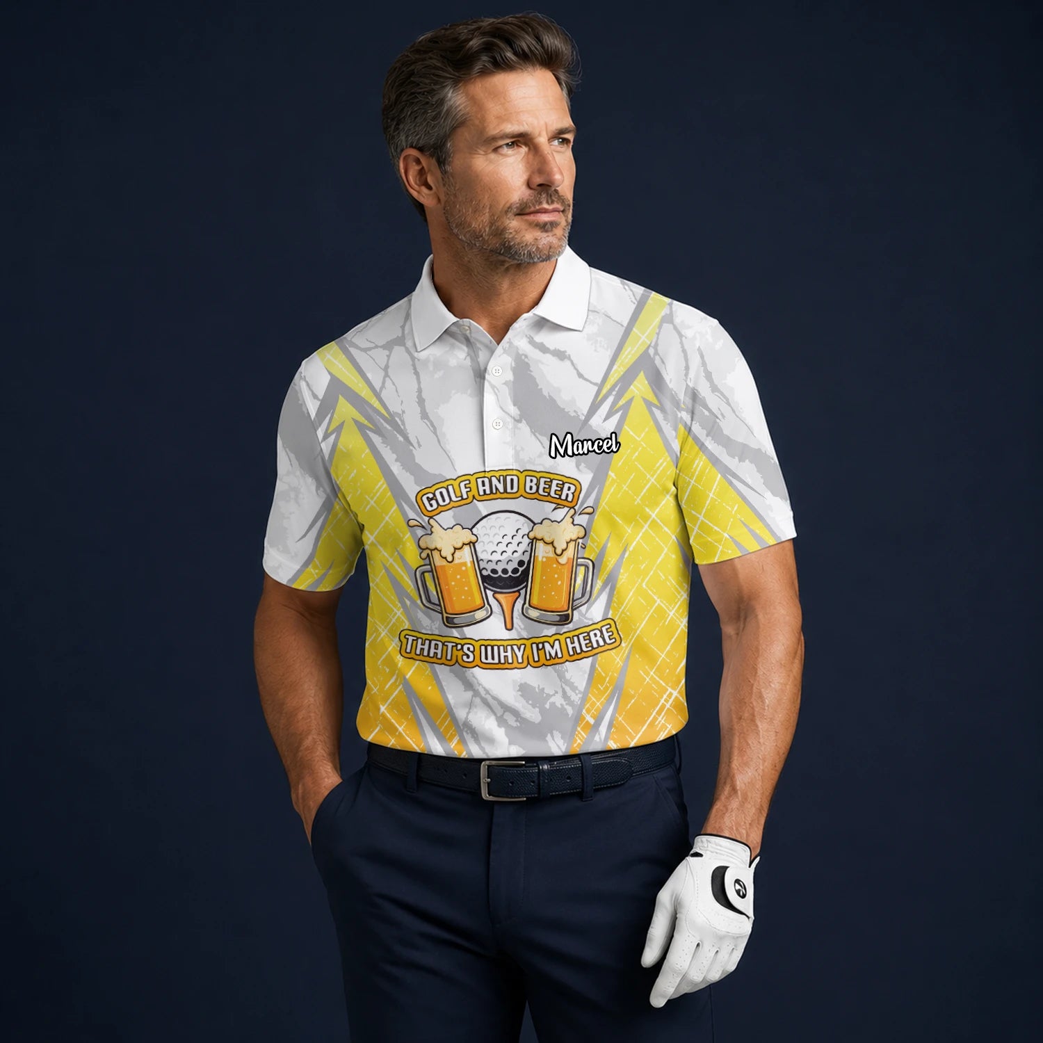 Personalised Grey Yellow Golf And Beer Slogan Golf Polo Shirt For Men P2319