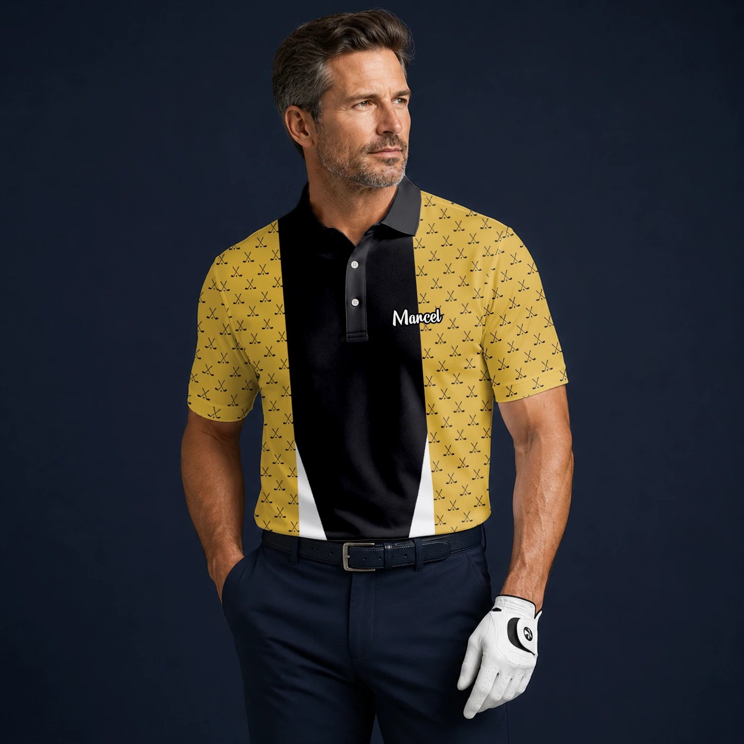 Personalised Black Gold Golf Club Pattern Stripe Golf Polo Shirt For Men B5489