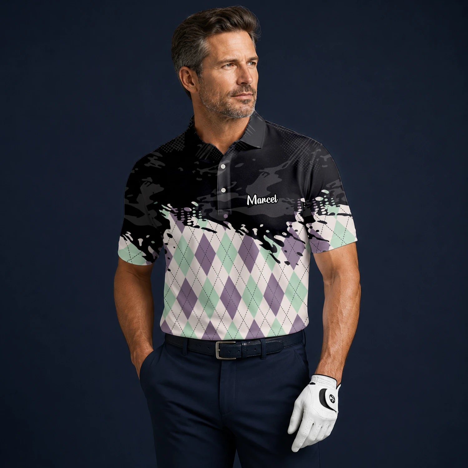 Personalised Black Mint Purple Argyle Paint Splash Golf Polo Shirt For Men C5124