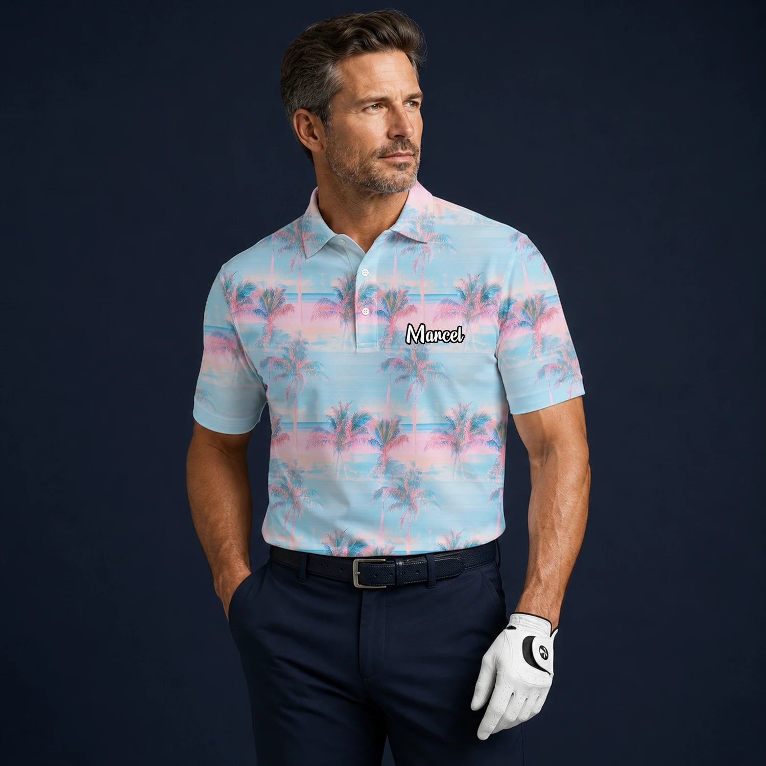 Personalised Pastel Blue Pink Palm Sunset Golf Polo Shirt For Men G4431