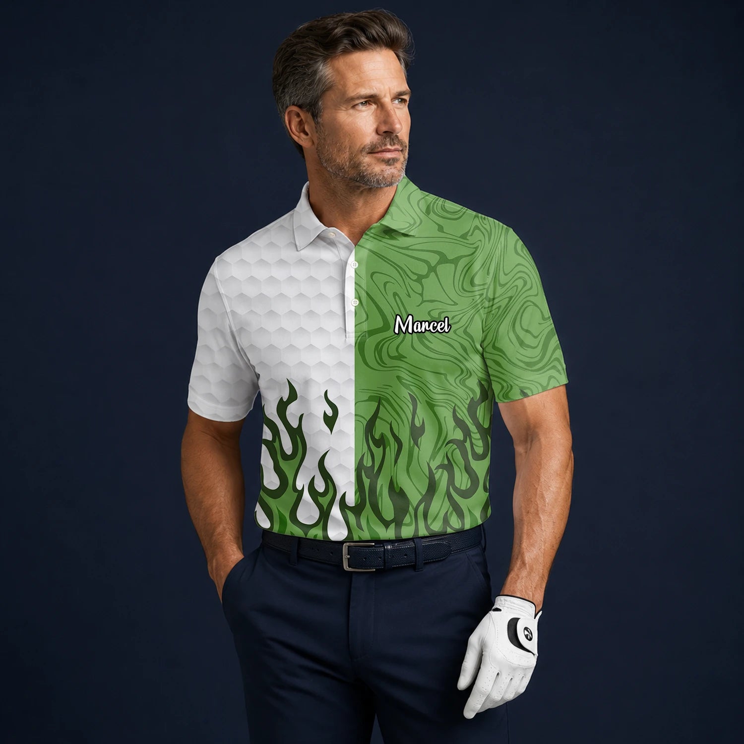 Personalised White Green Flame Marble Golf Polo Shirt For Men D2353
