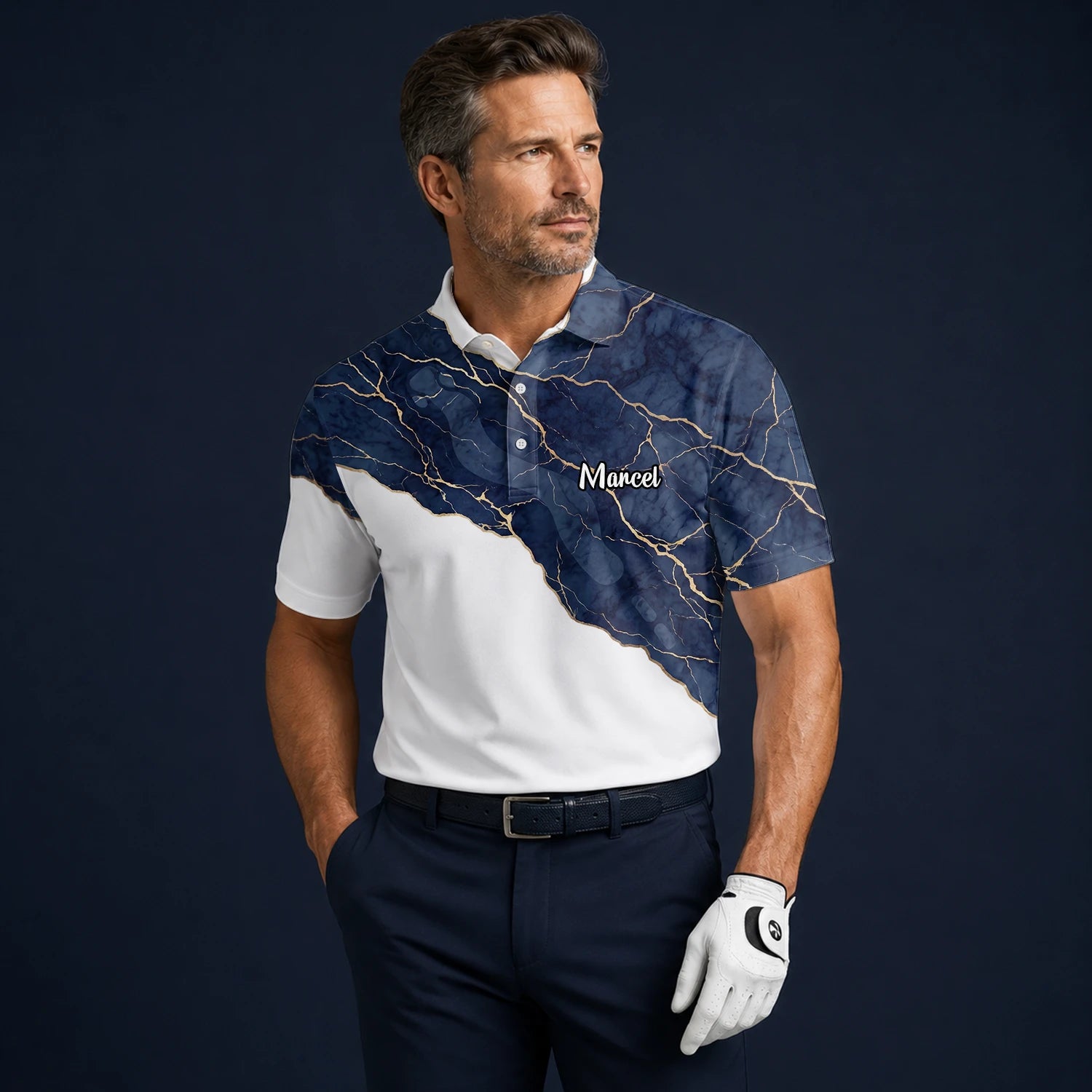 Personalised White Navy Marble Gold Vein Golf Polo Shirt For Men B4939