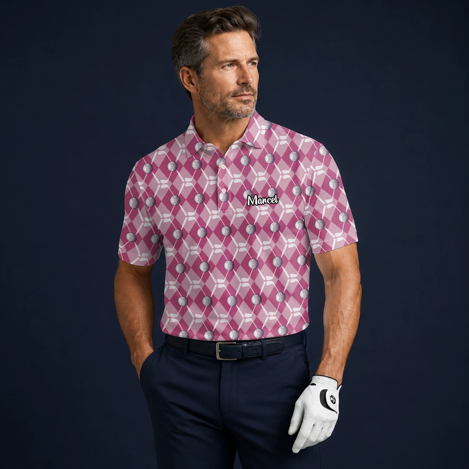 Personalised Pink Argyle Golf Ball Golf Polo Shirt For Men X0000