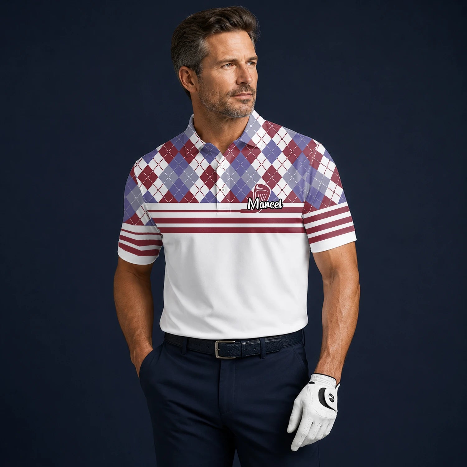 Personalised White Burgundy Argyle Golf Club Stripe Golf Polo Shirt For Men K9019