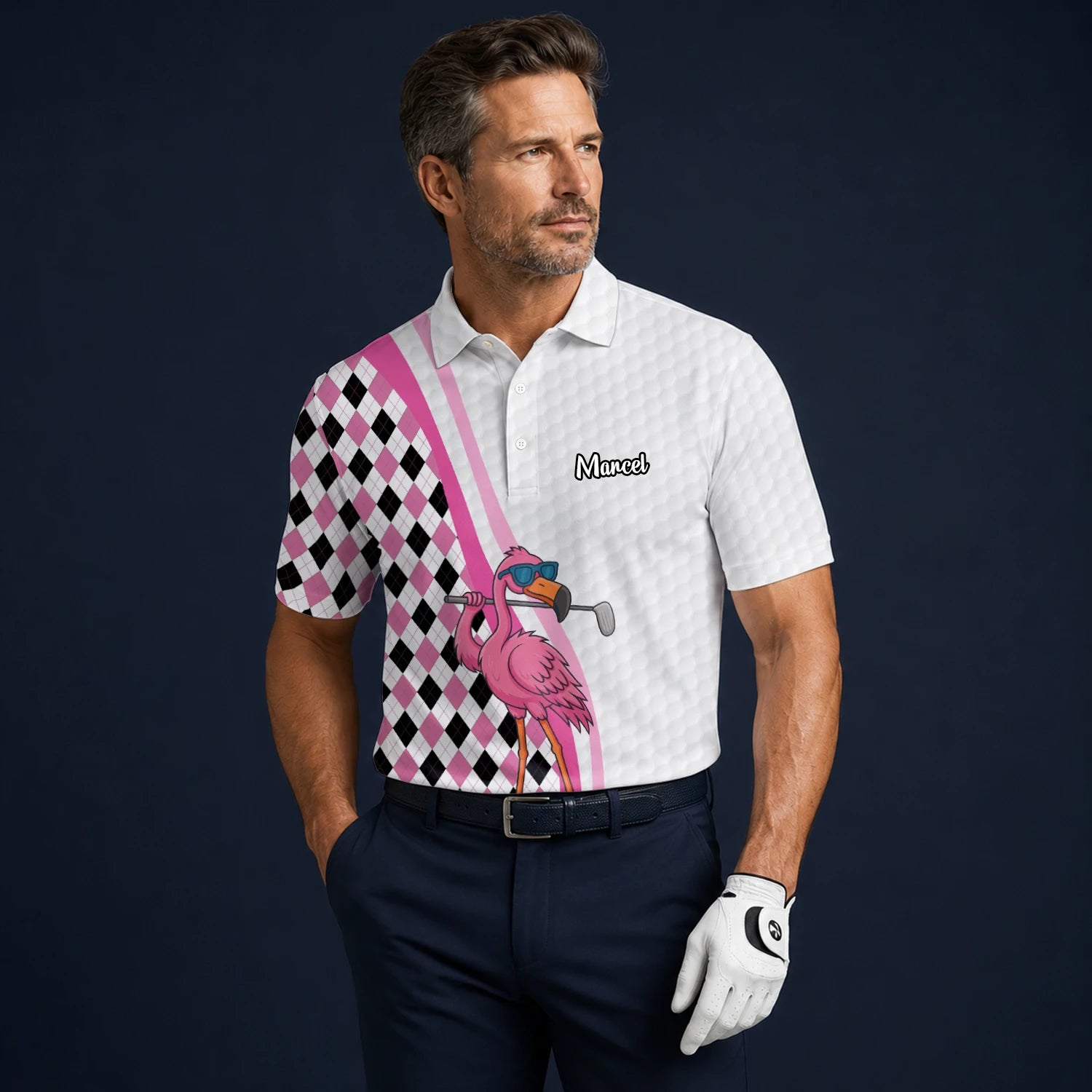 Personalised White Pink Flamingo Golfer Argyle Golf Polo Shirt For Men G3697