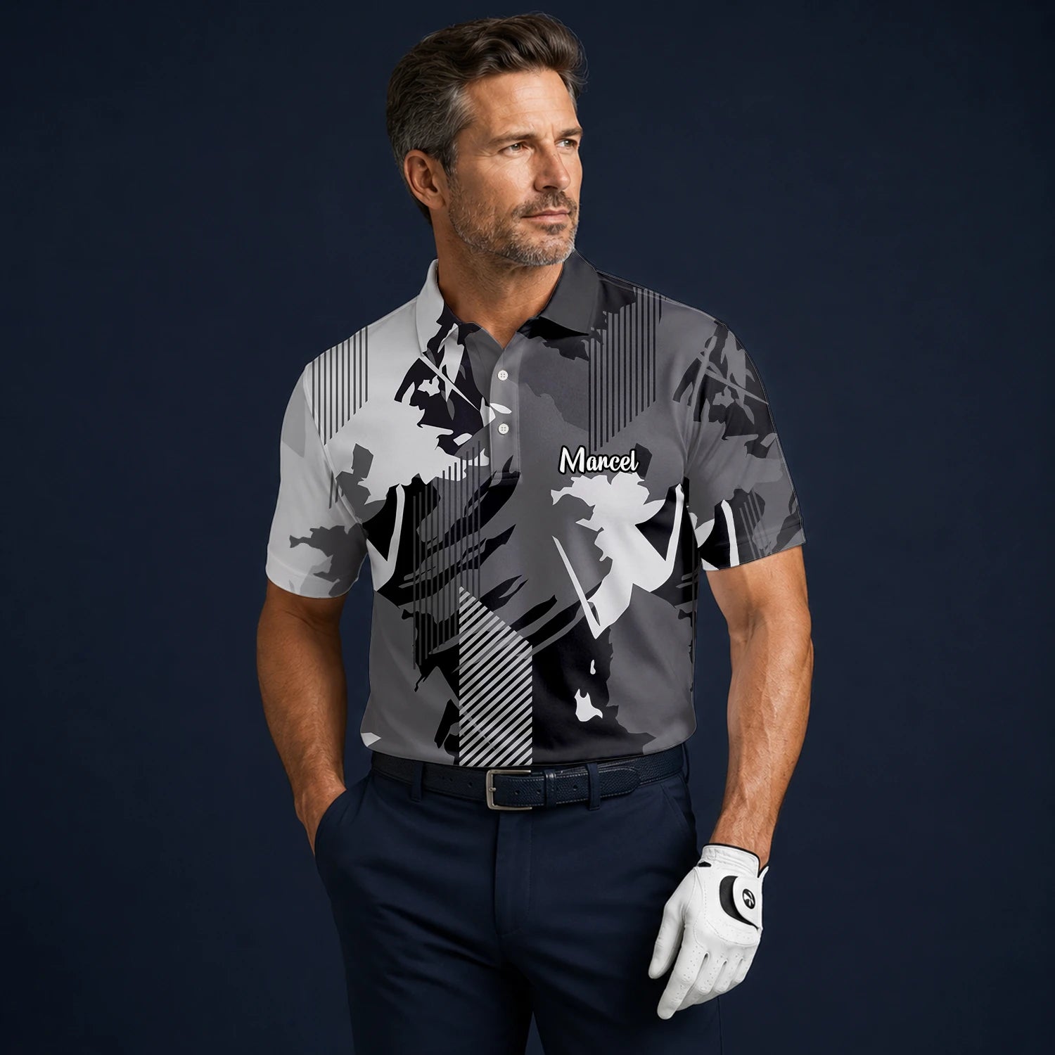 Personalised Grey Black Abstract Brush Stripe Golf Polo Shirt For Men I7293