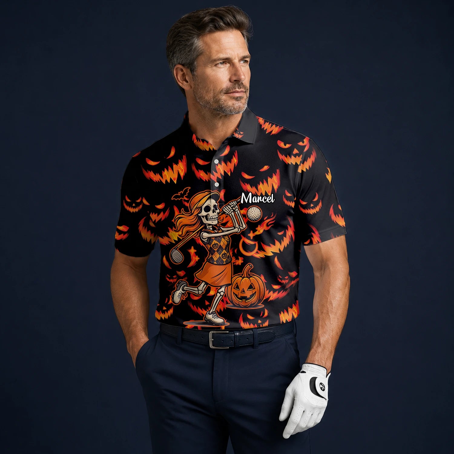 Personalised Black Orange Halloween Skeleton Golfer Pumpkin Golf Polo Shirt For Men N7108